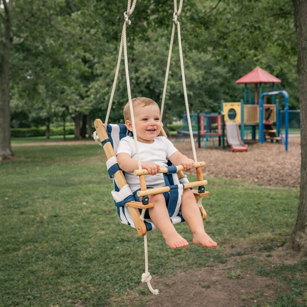 Детска дървена люлка тип шезлонг GINGER HOME по време на люлеене на открито