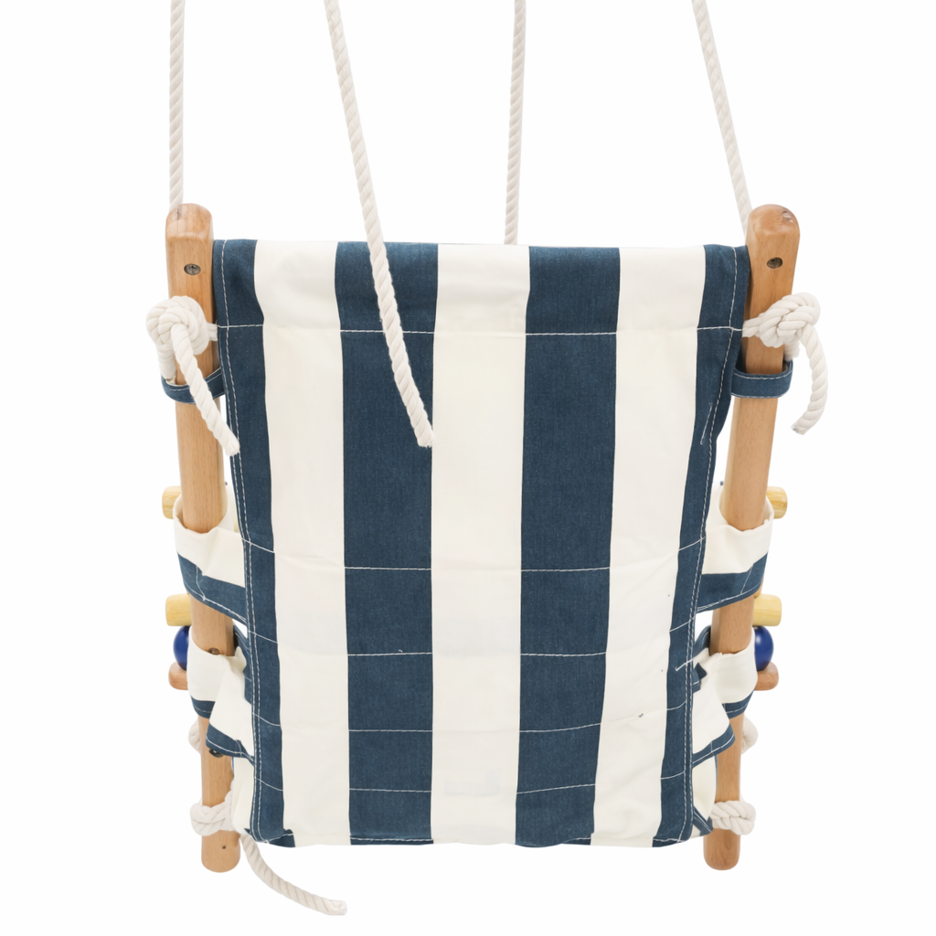 Детска дървена люлка тип шезлонг GINGER HOME – заден изглед на памучната седалка