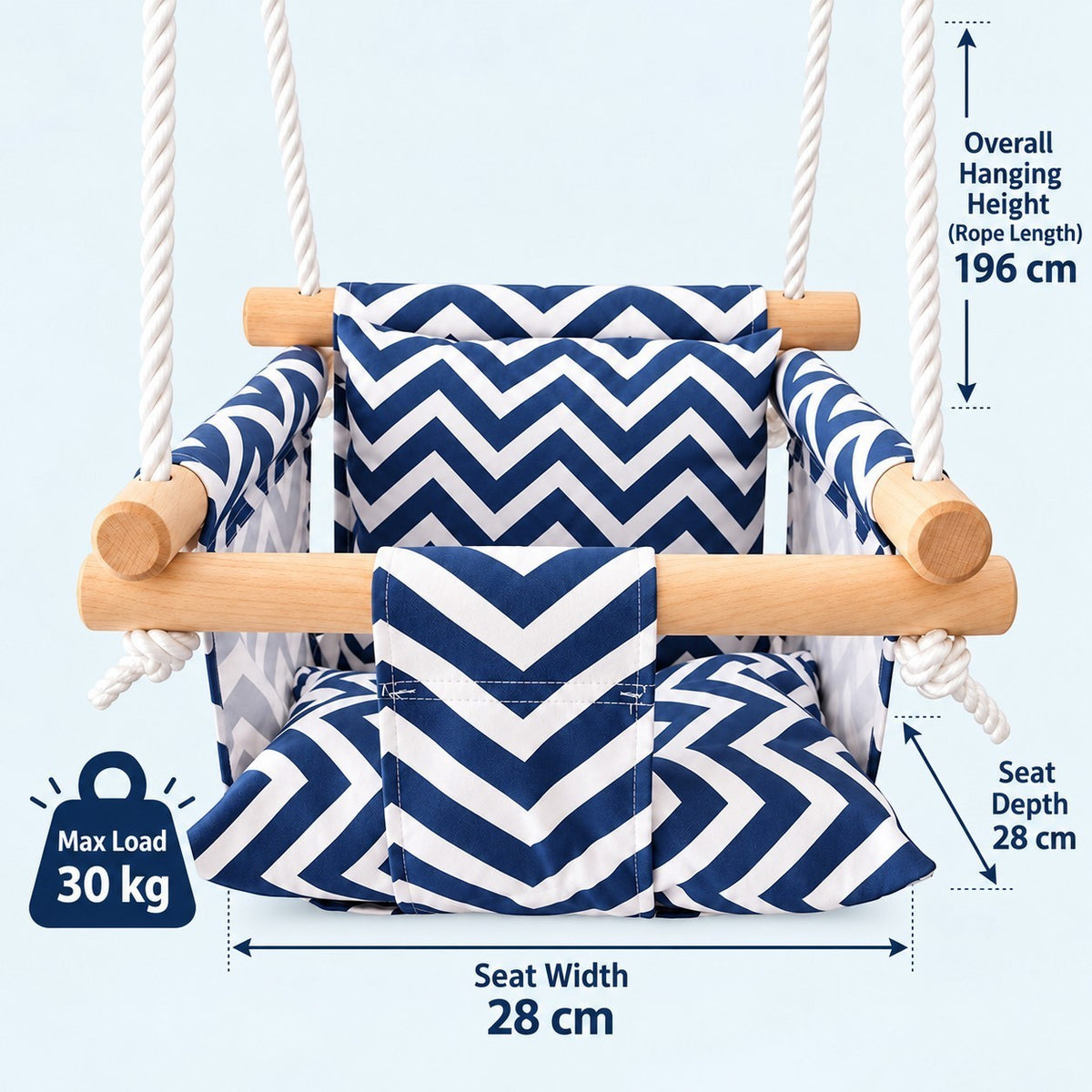 Размери на детска дървена люлка Зигзаг GINGER HOME W01D201 – 28×28 см седалка, височина на окачване до 196 см, товароносимост до 30 кг