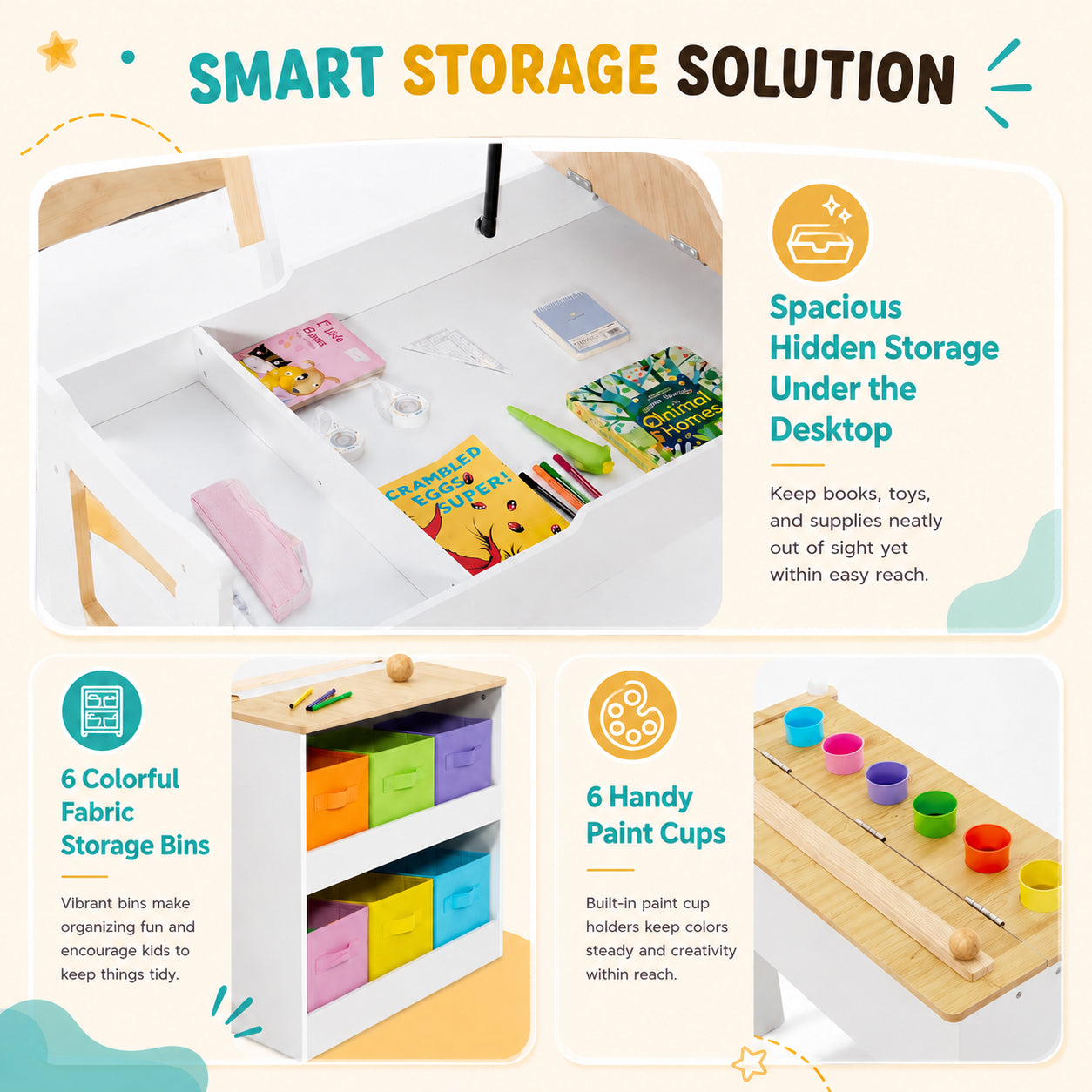 Инфографика Smart Storage Solution за детска маса GINGER HOME с място за съхранение, кутии и чашки