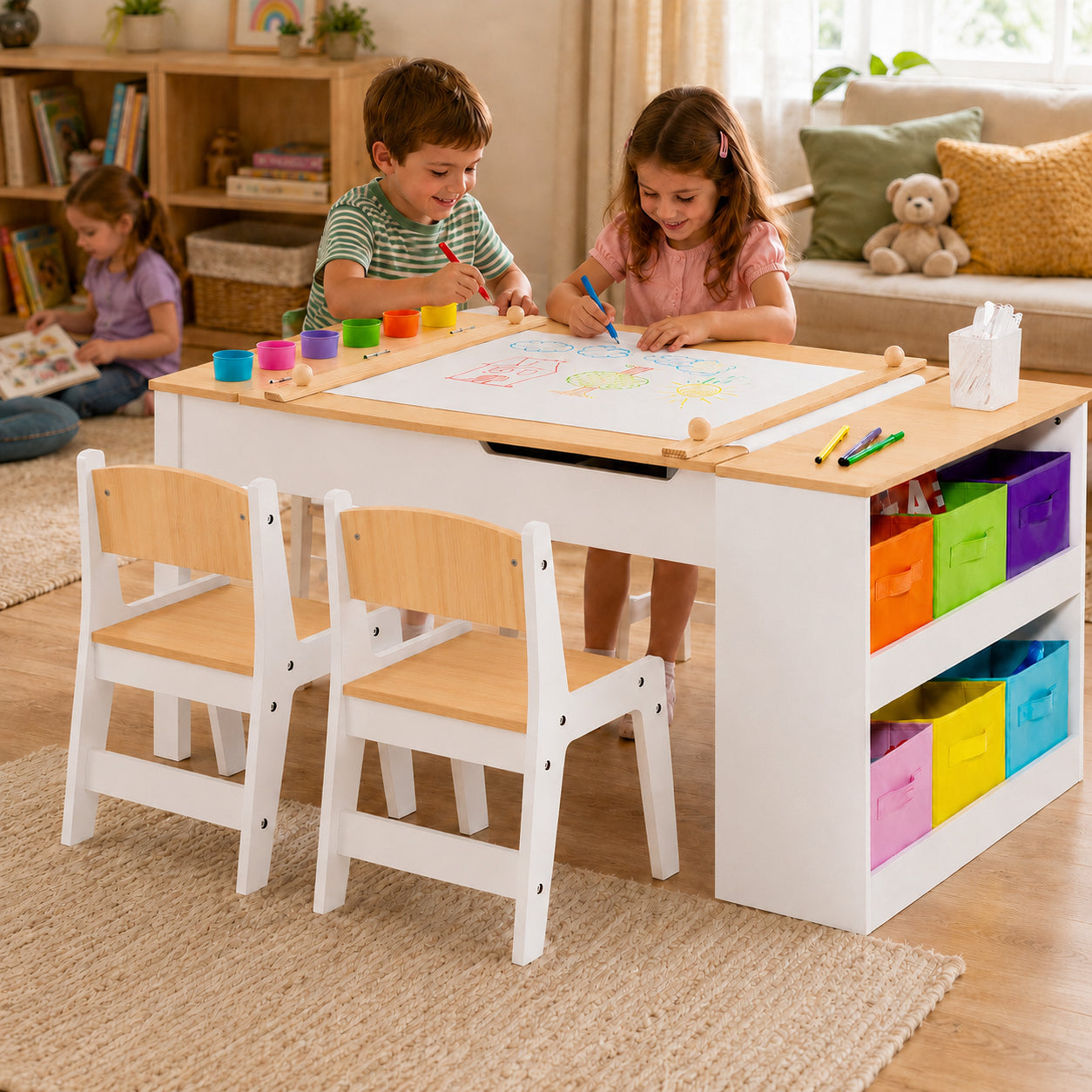 Деца рисуват и играят на детска дървена маса GINGER HOME в уютна детска стая