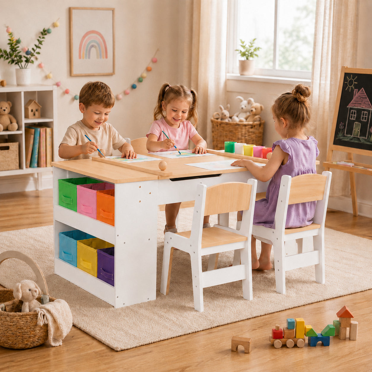 Три деца рисуват и творят на детска дървена маса GINGER HOME с цветни кутии за съхранение
