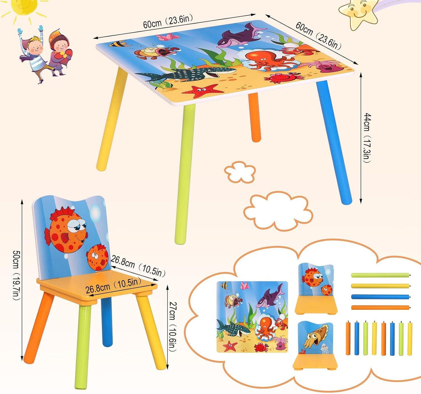 GINGER HOME Tavolo e sedie in legno per bambini con animali marini - Set per disegnare, giocare, imparare e mangiare