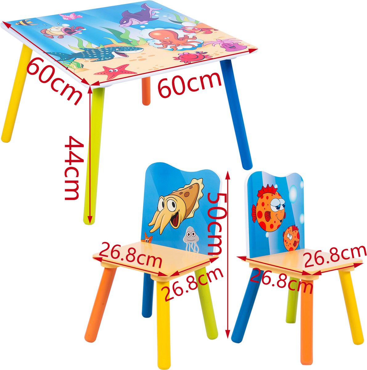 GINGER HOME Tavolo e sedie in legno per bambini con animali marini - Set per disegnare, giocare, imparare e mangiare