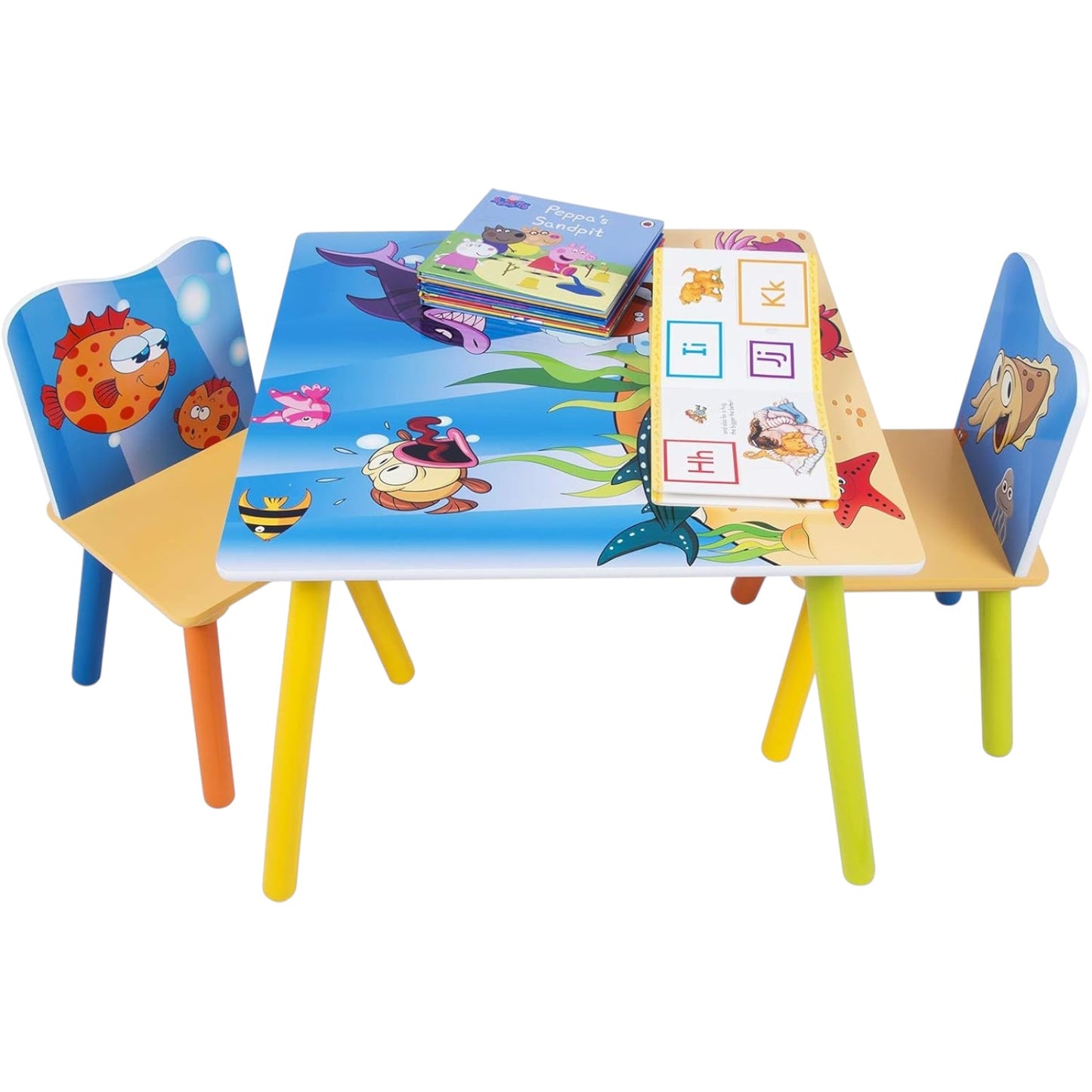 GINGER HOME Tavolo e sedie in legno per bambini con animali marini - Set per disegnare, giocare, imparare e mangiare