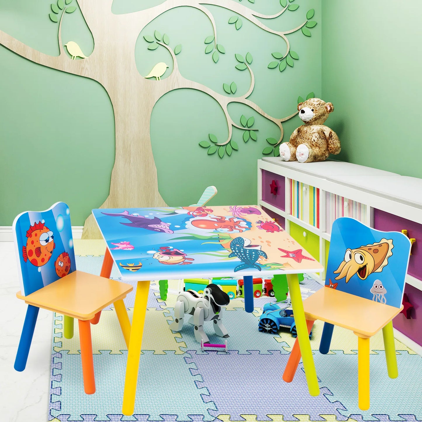 GINGER HOME Tavolo e sedie in legno per bambini con animali marini - Set per disegnare, giocare, imparare e mangiare