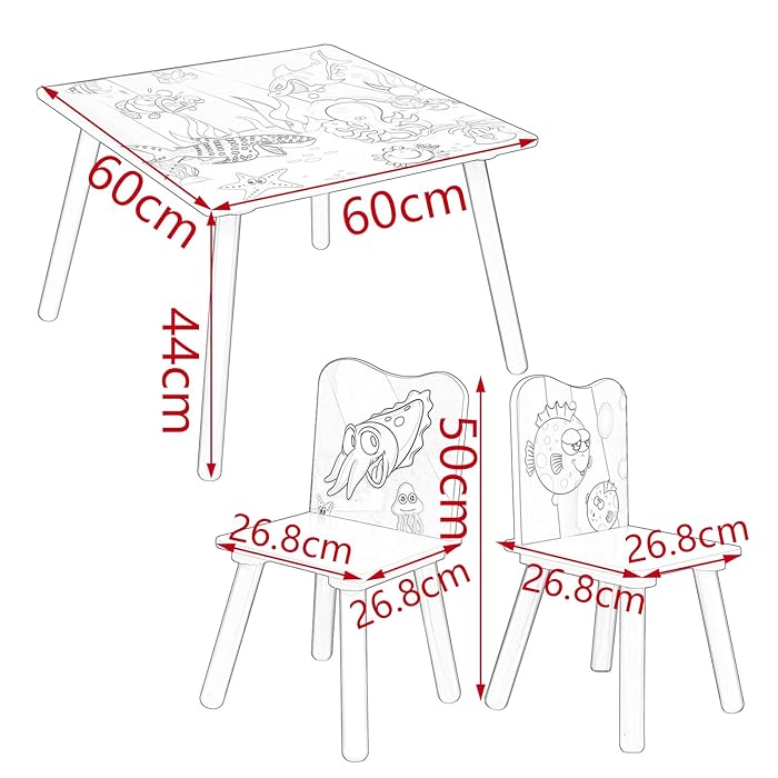 GINGER HOME Tavolo e sedie in legno per bambini con animali marini - Set per disegnare, giocare, imparare e mangiare