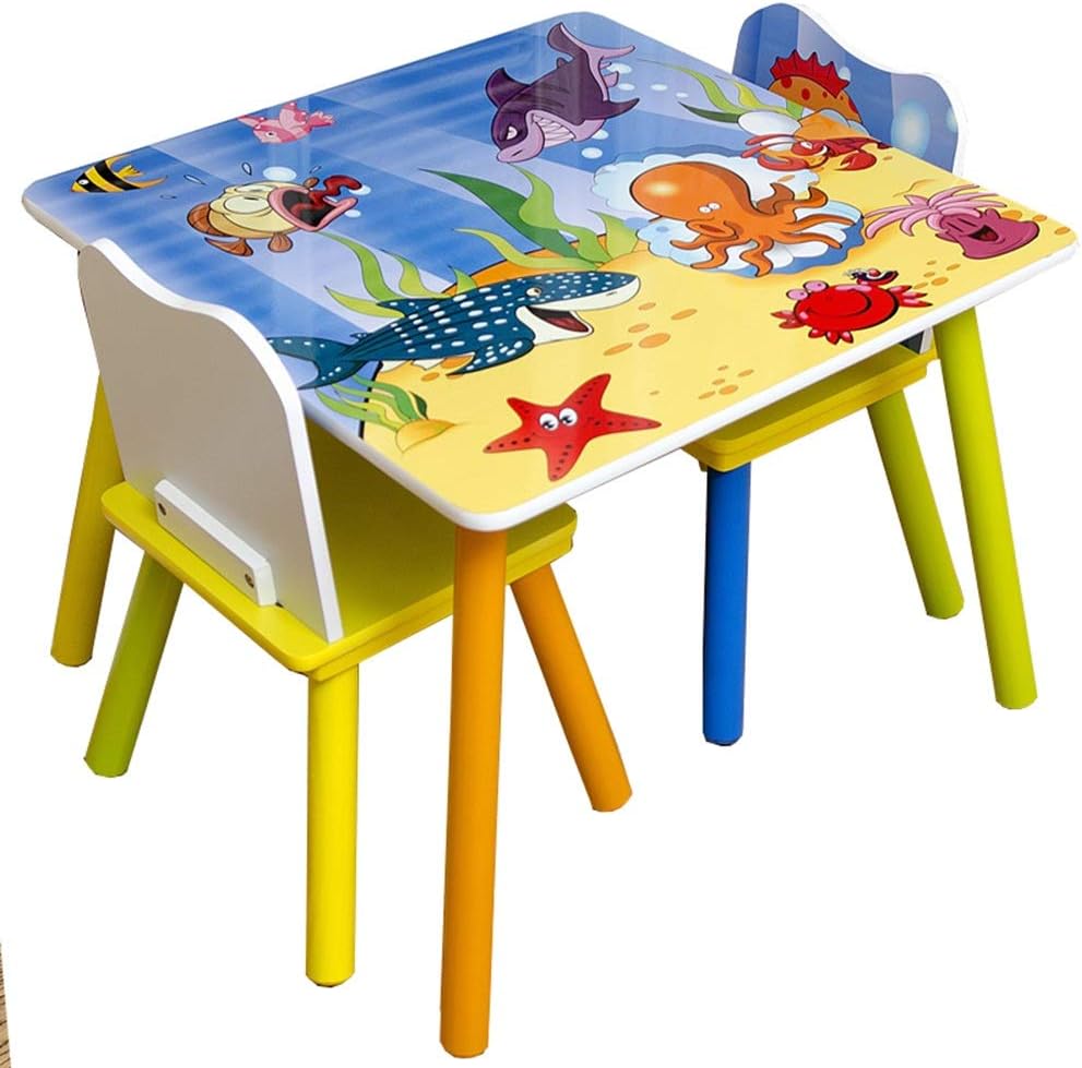 GINGER HOME Tavolo e sedie in legno per bambini con animali marini - Set per disegnare, giocare, imparare e mangiare