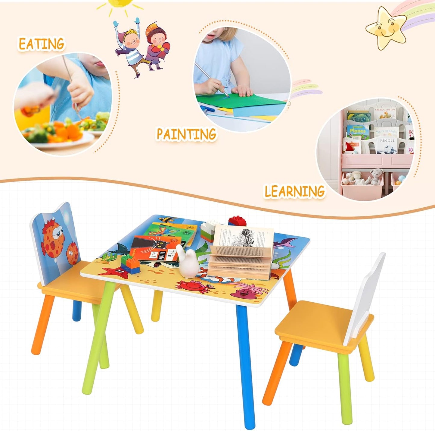 GINGER HOME Tavolo e sedie in legno per bambini con animali marini - Set per disegnare, giocare, imparare e mangiare
