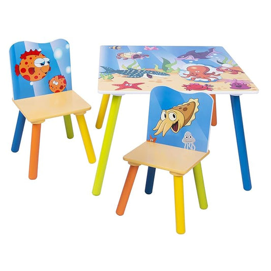 GINGER HOME Tavolo e sedie in legno per bambini con animali marini - Set per disegnare, giocare, imparare e mangiare
