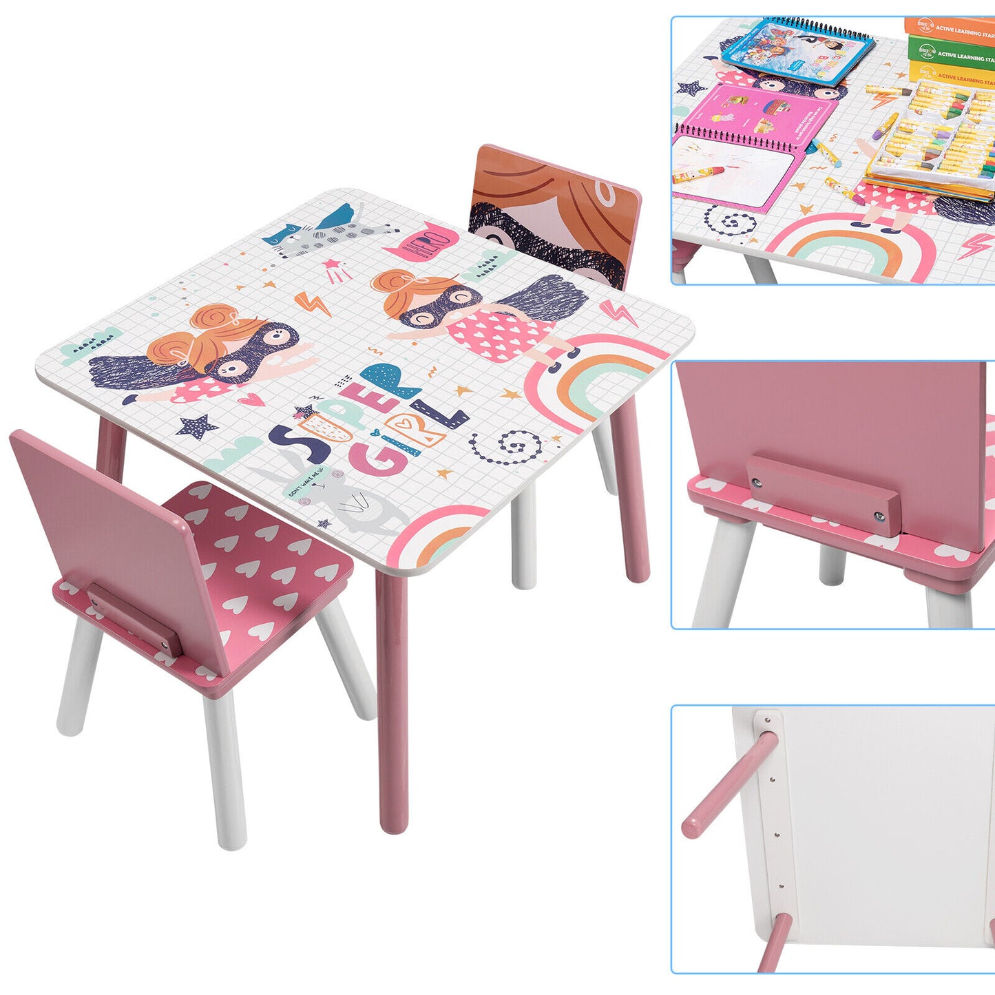 Tavolo in legno per bambini con 2 sedie, set per imparare, giocare, disegnare, mangiare, bianco, rosa - SUPER GIRL