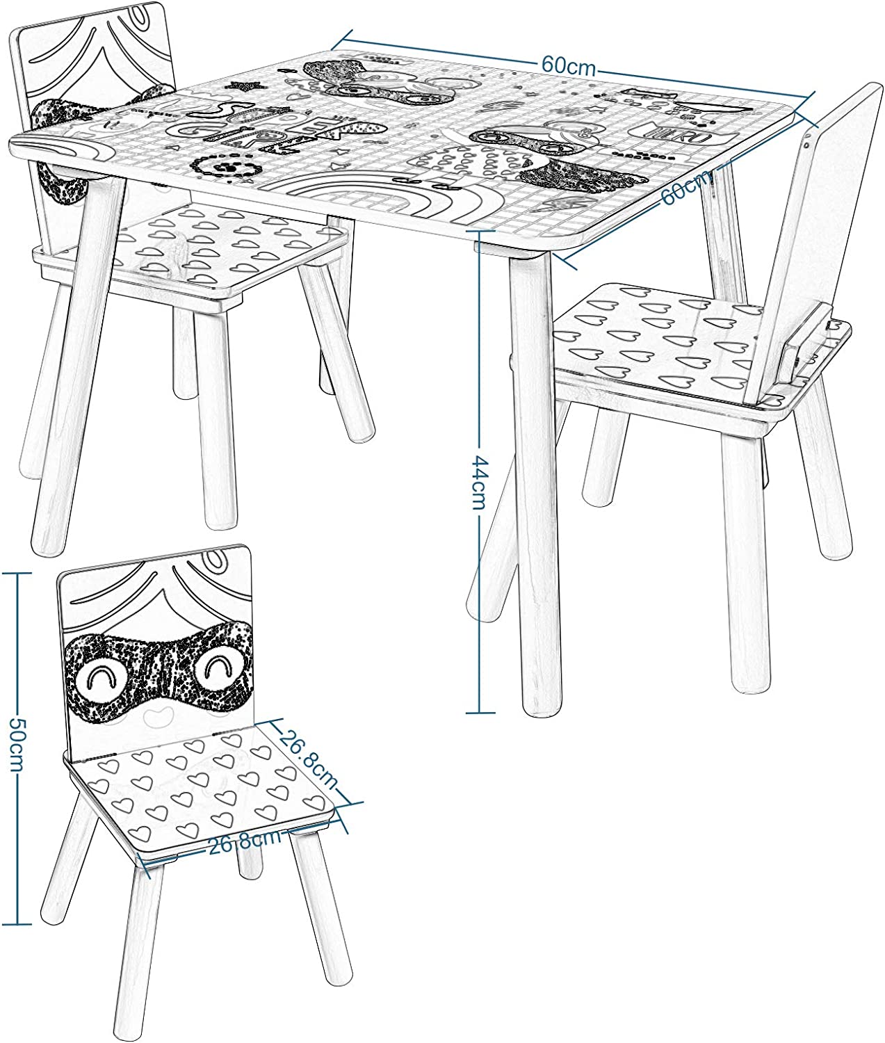 Tavolo in legno per bambini con 2 sedie, set per imparare, giocare, disegnare, mangiare, bianco, rosa - SUPER GIRL