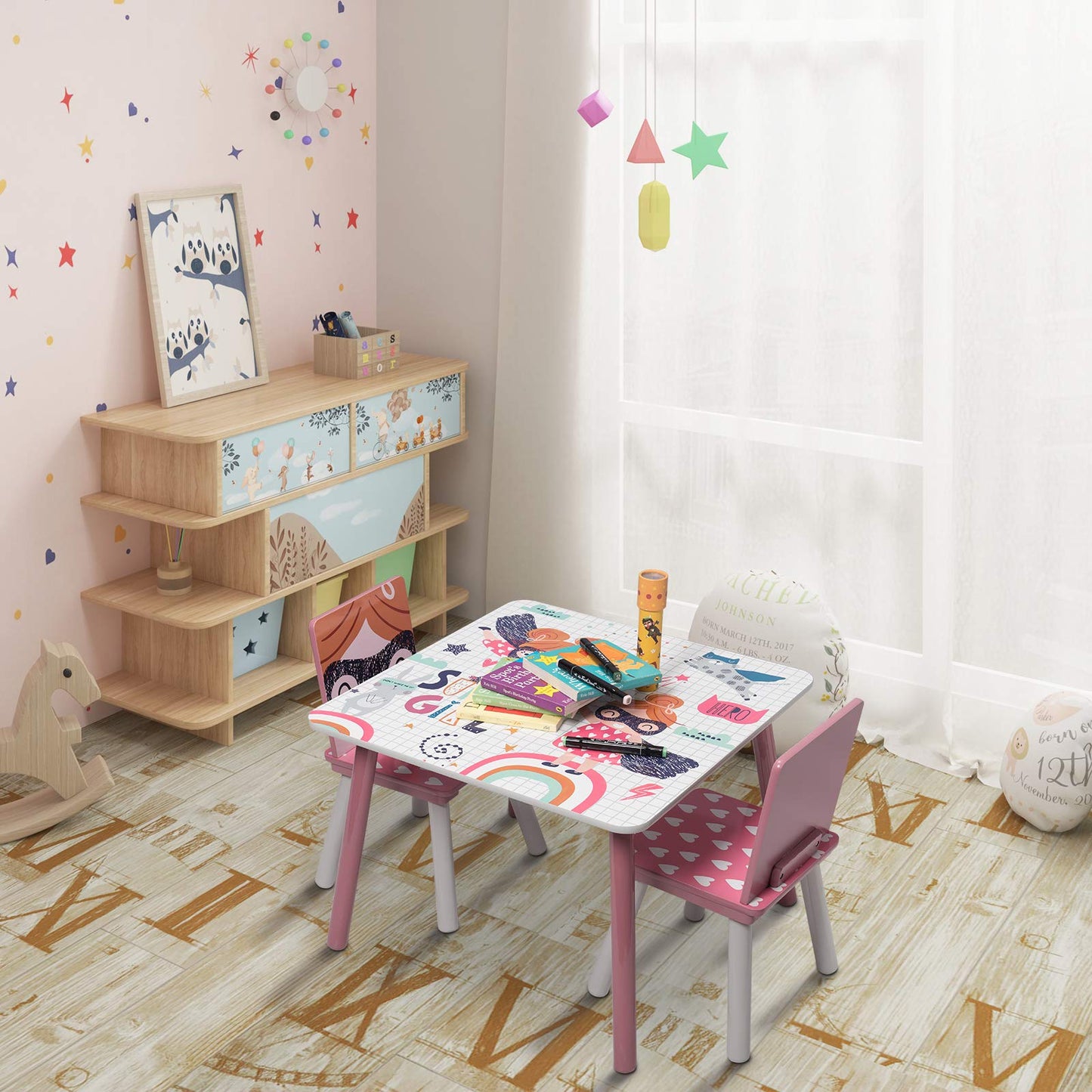 Tavolo in legno per bambini con 2 sedie, set per imparare, giocare, disegnare, mangiare, bianco, rosa - SUPER GIRL