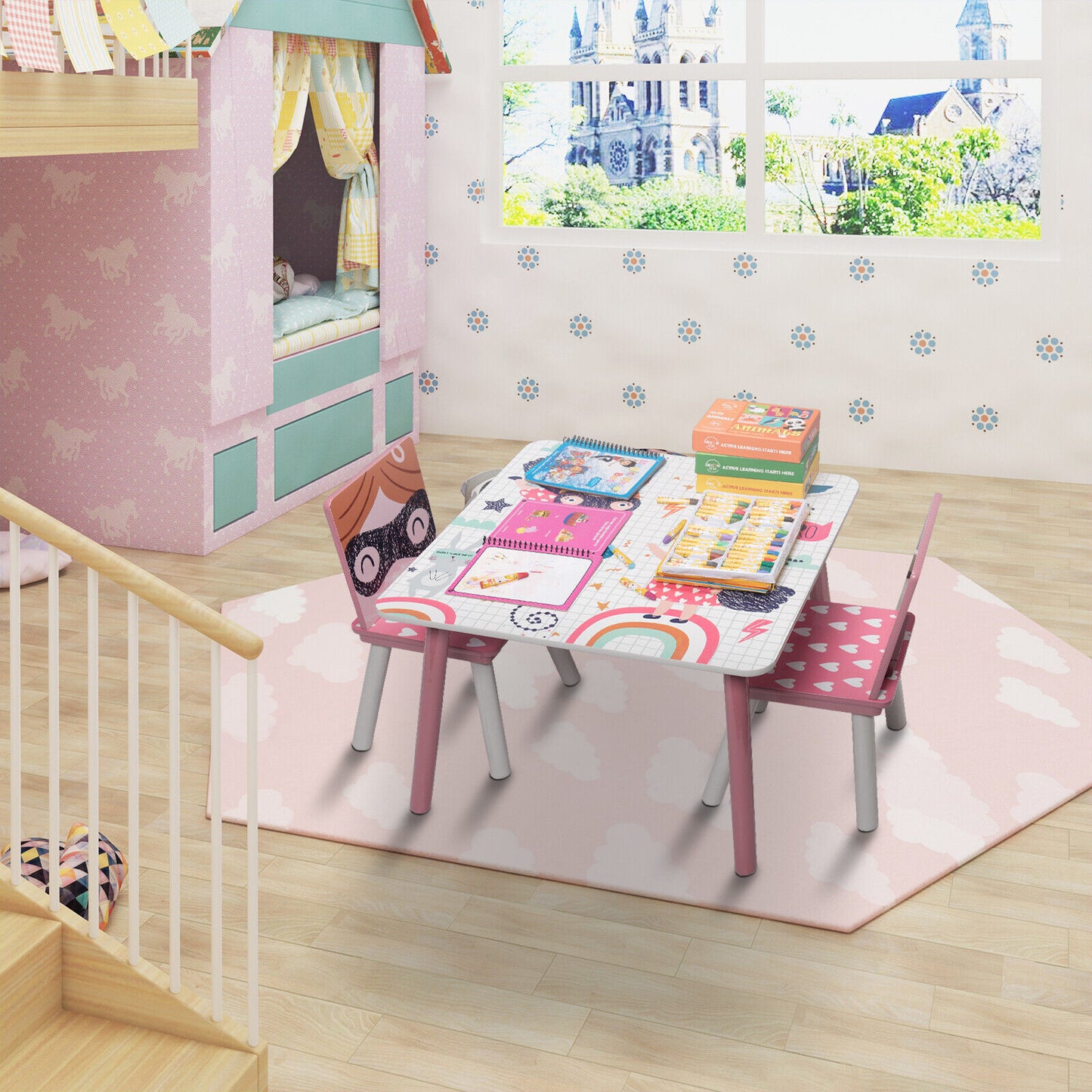 Tavolo in legno per bambini con 2 sedie, set per imparare, giocare, disegnare, mangiare, bianco, rosa - SUPER GIRL