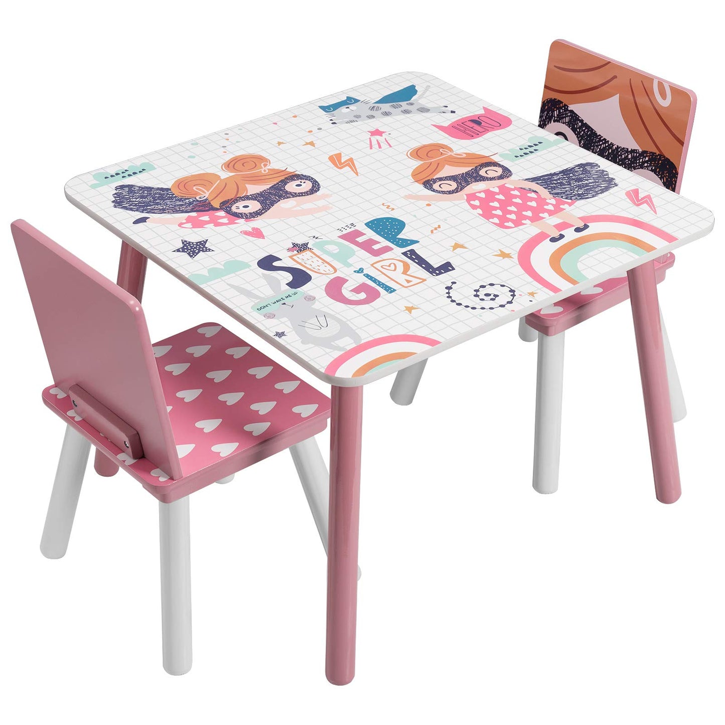 Tavolo in legno per bambini con 2 sedie, set per imparare, giocare, disegnare, mangiare, bianco, rosa - SUPER GIRL
