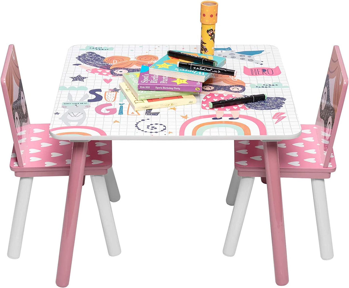 Tavolo in legno per bambini con 2 sedie, set per imparare, giocare, disegnare, mangiare, bianco, rosa - SUPER GIRL