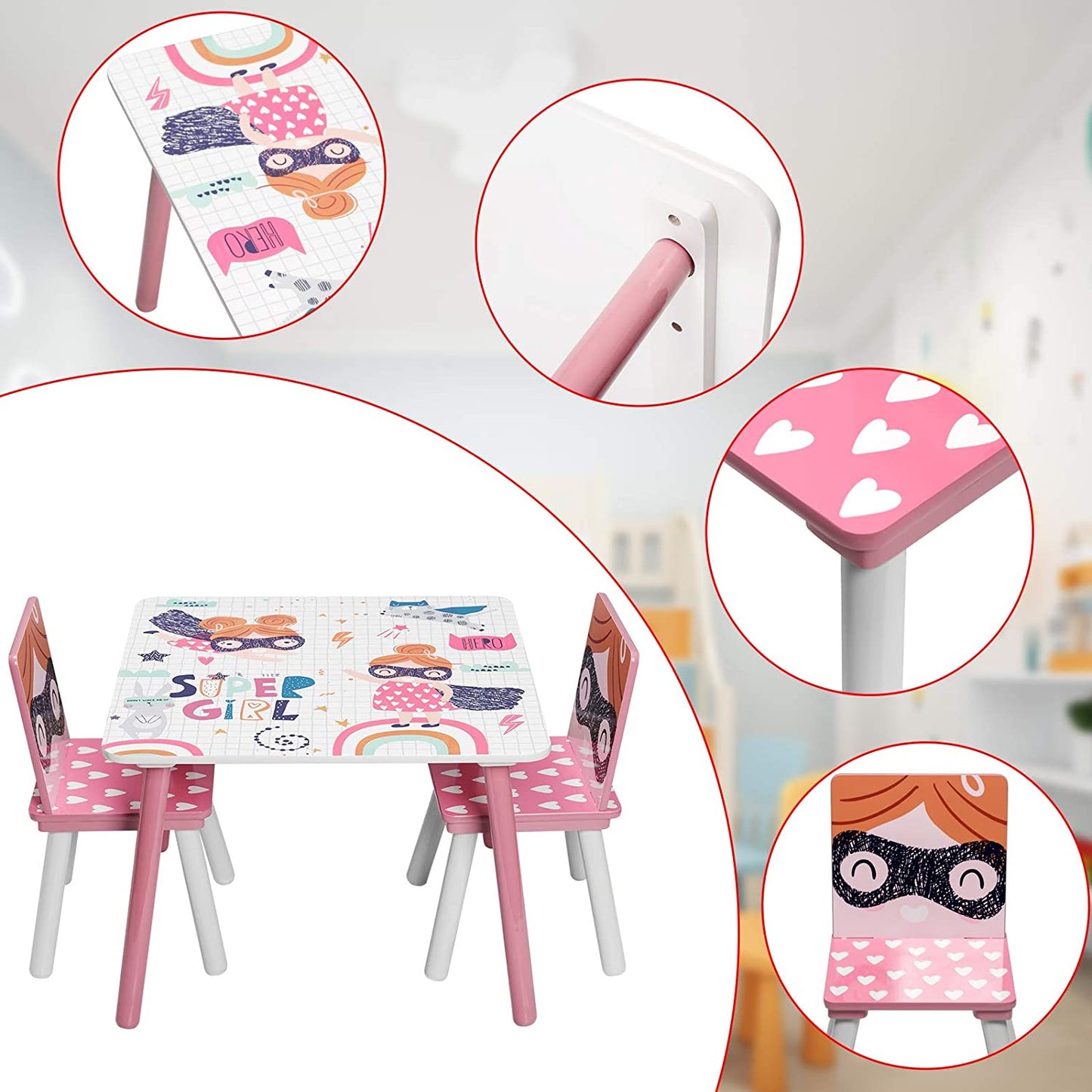 Tavolo in legno per bambini con 2 sedie, set per imparare, giocare, disegnare, mangiare, bianco, rosa - SUPER GIRL