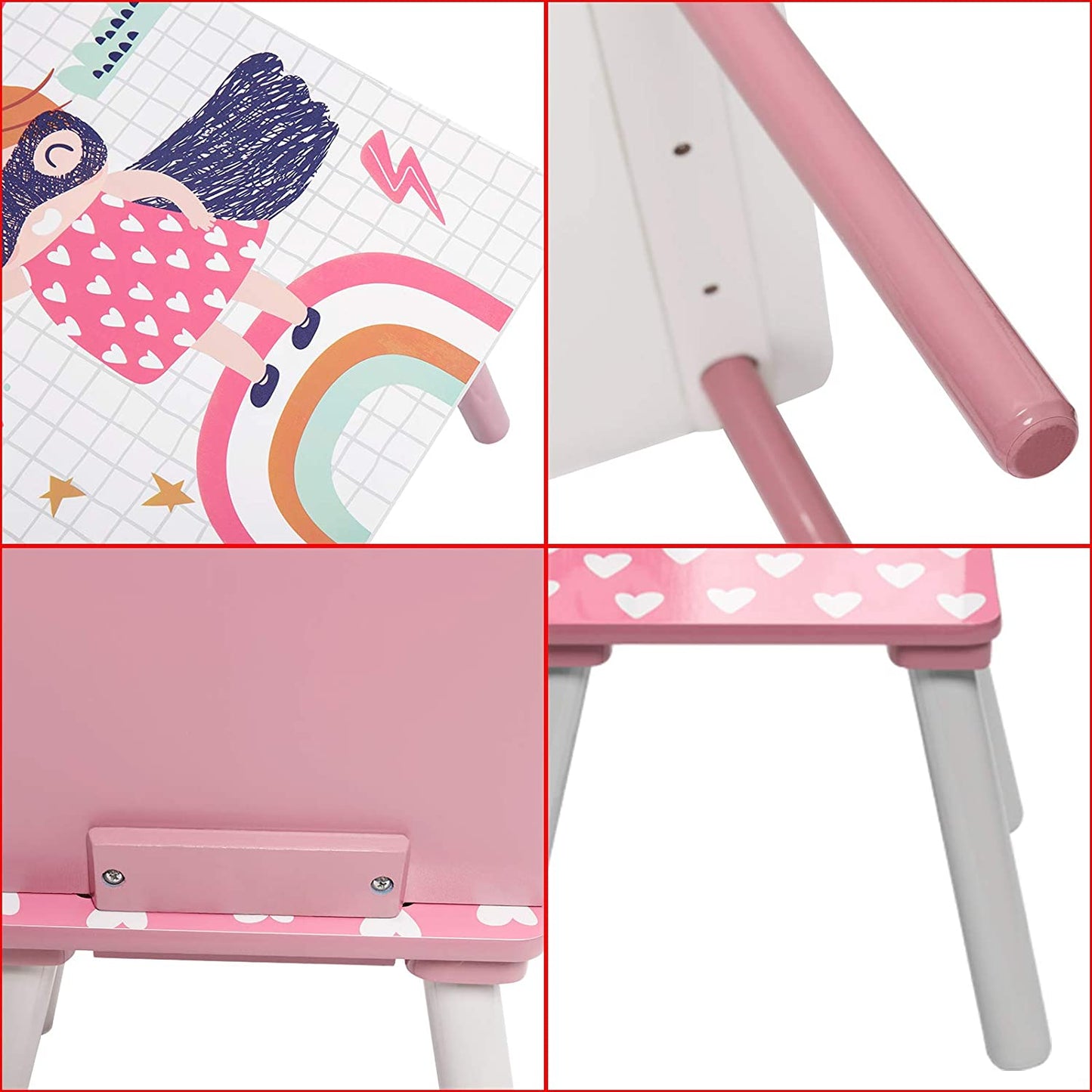 Tavolo in legno per bambini con 2 sedie, set per imparare, giocare, disegnare, mangiare, bianco, rosa - SUPER GIRL