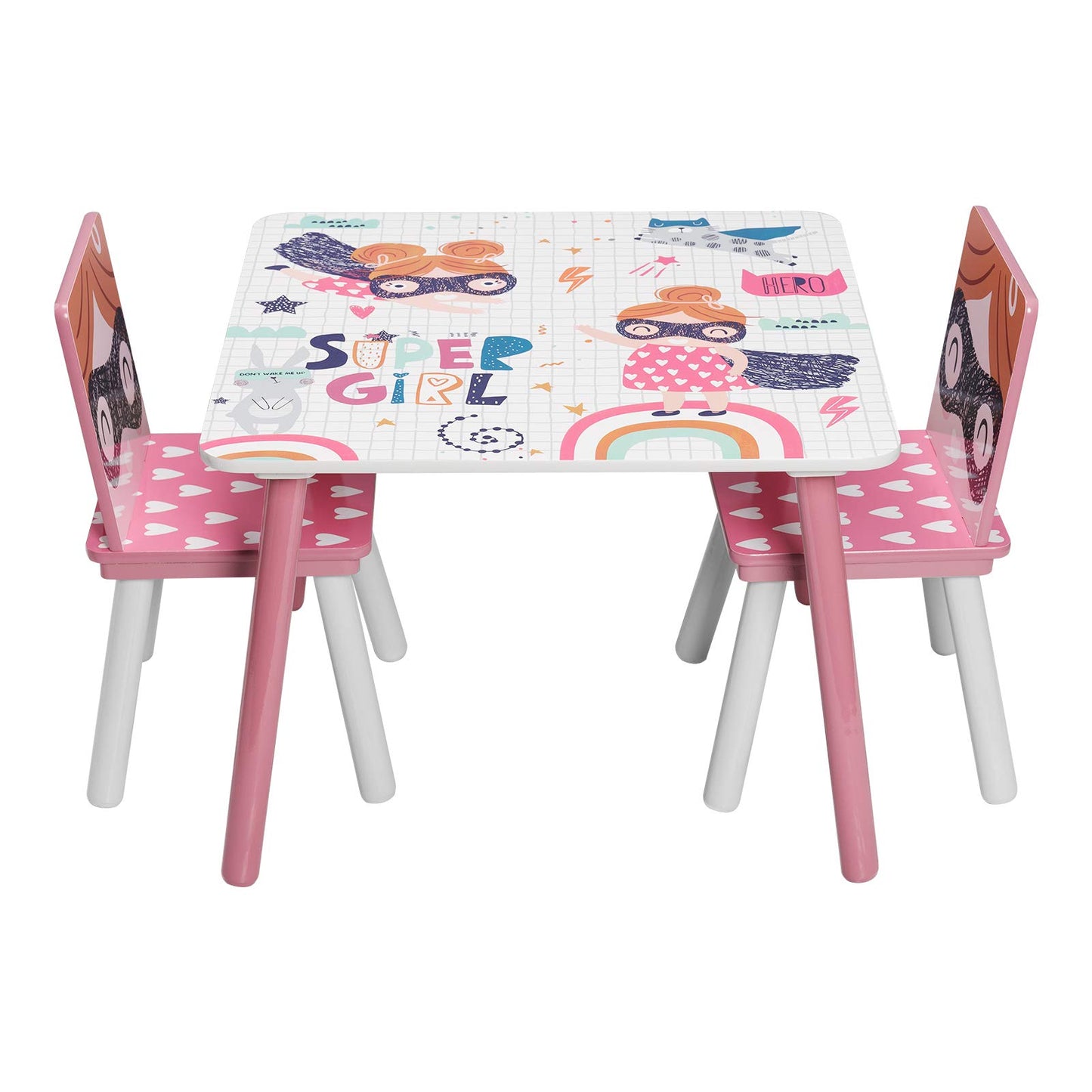 Tavolo in legno per bambini con 2 sedie, set per imparare, giocare, disegnare, mangiare, bianco, rosa - SUPER GIRL