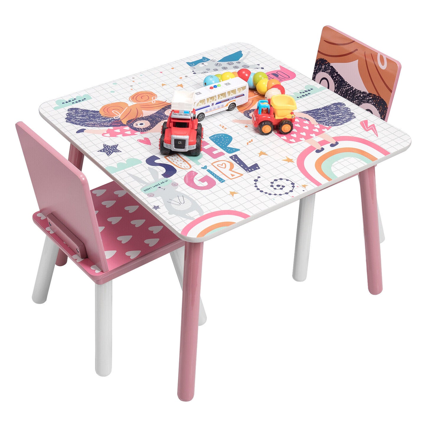 Tavolo in legno per bambini con 2 sedie, set per imparare, giocare, disegnare, mangiare, bianco, rosa - SUPER GIRL