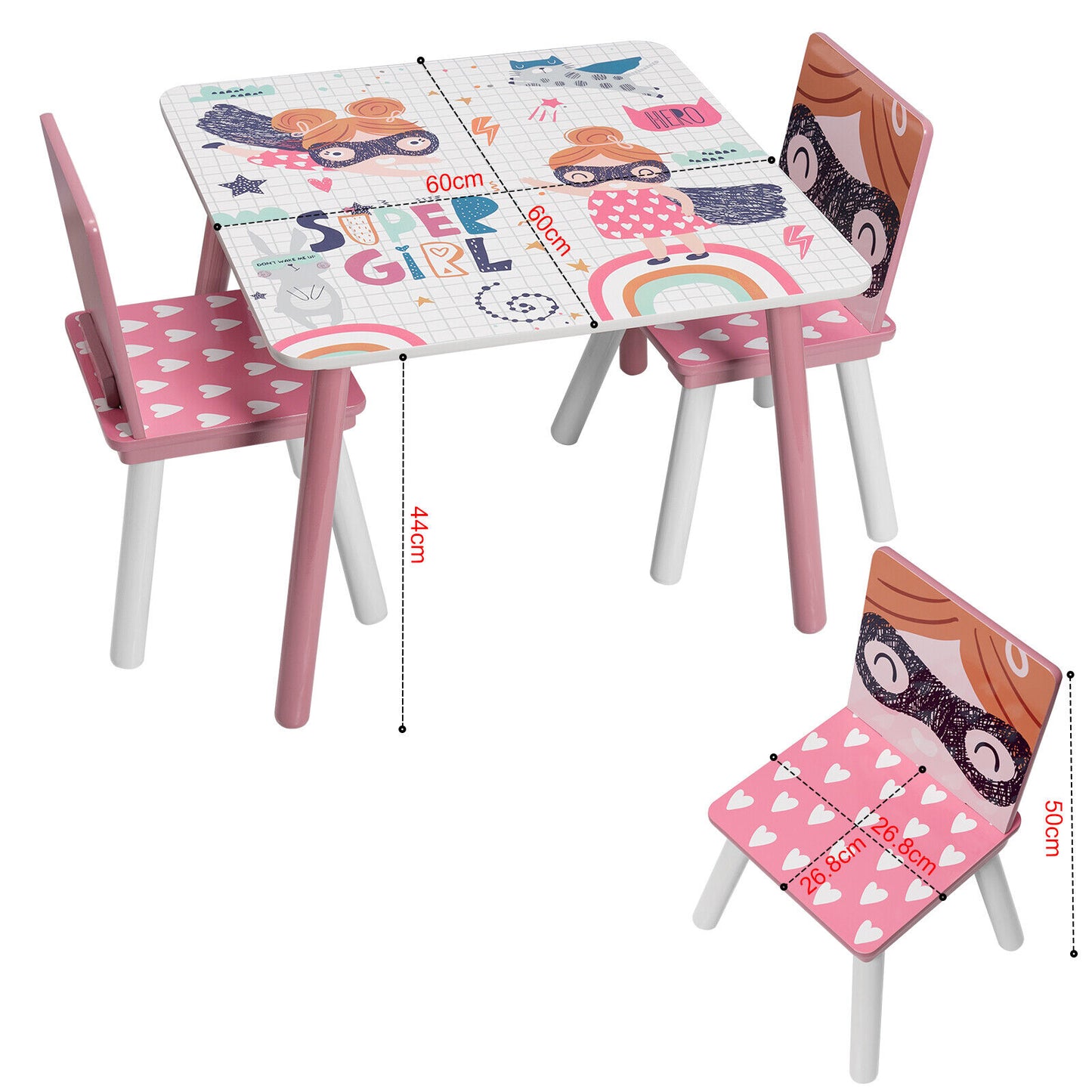 Tavolo in legno per bambini con 2 sedie, set per imparare, giocare, disegnare, mangiare, bianco, rosa - SUPER GIRL