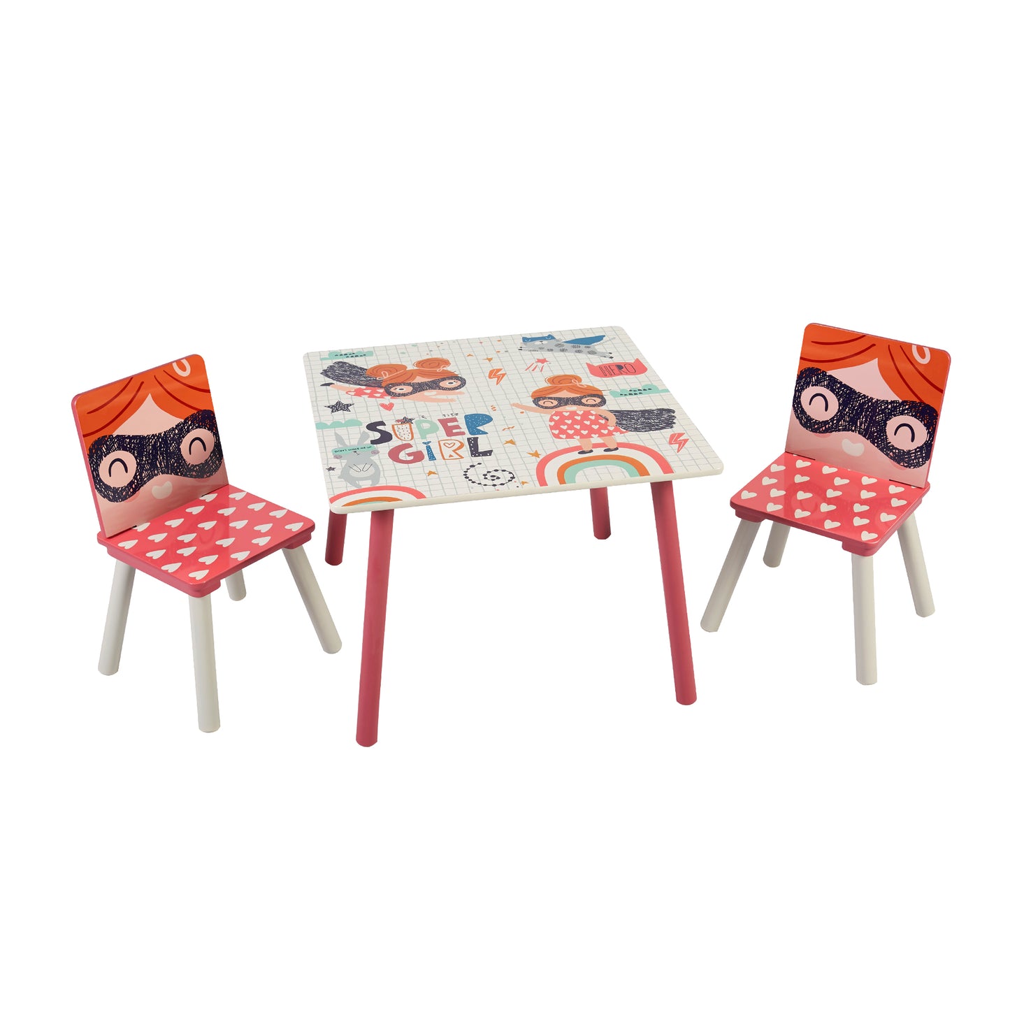 Tavolo in legno per bambini con 2 sedie, set per imparare, giocare, disegnare, mangiare, bianco, rosa - SUPER GIRL