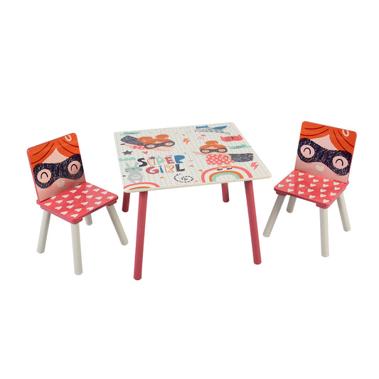 Tavolo in legno per bambini con 2 sedie, set per imparare, giocare, disegnare, mangiare, bianco, rosa - SUPER GIRL