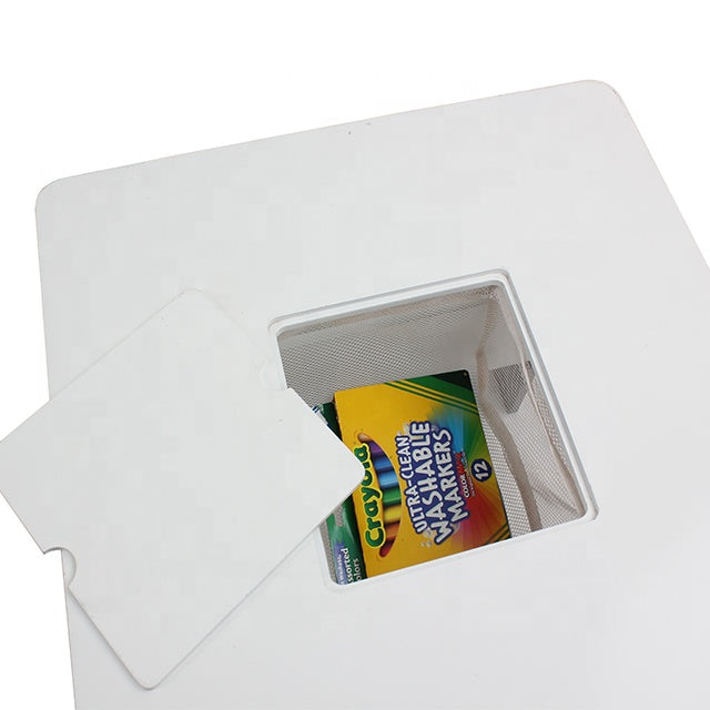 Tavolo in legno per bambini con 2 sedie, con contenitore per giocattoli, giochi di costruzione e libri - Bianco/Blu