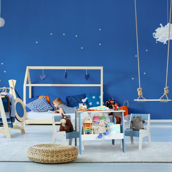Tavolo in legno per bambini con 2 sedie, con contenitore per giocattoli, giochi di costruzione e libri - Bianco/Blu