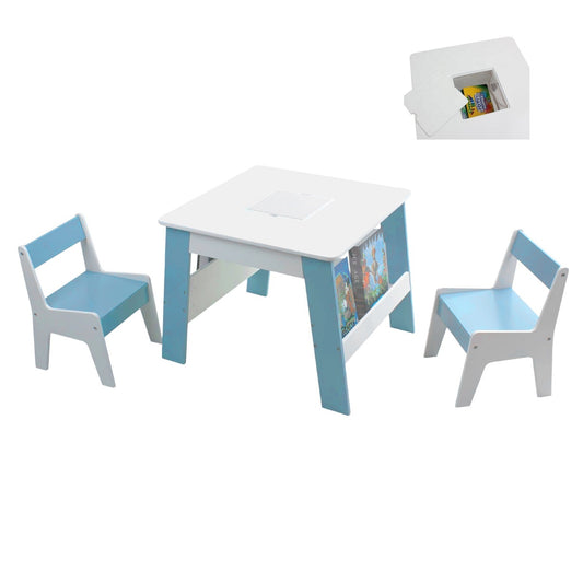 Tavolo in legno per bambini con 2 sedie, con contenitore per giocattoli, giochi di costruzione e libri - Bianco/Blu