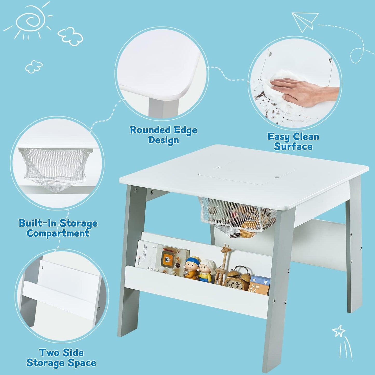 Tavolo in legno per bambini con 2 sedie, con contenitore per giocattoli, giochi di costruzione e libri - Bianco/Blu