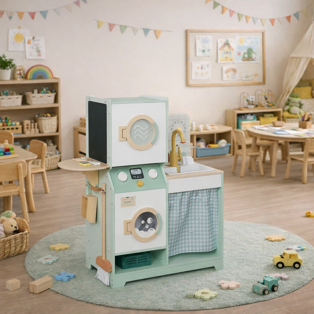 Детска дървена пералня 3 в 1 с мивка и сушилня GINGER HOME – в детска стая, лайфстайл визия