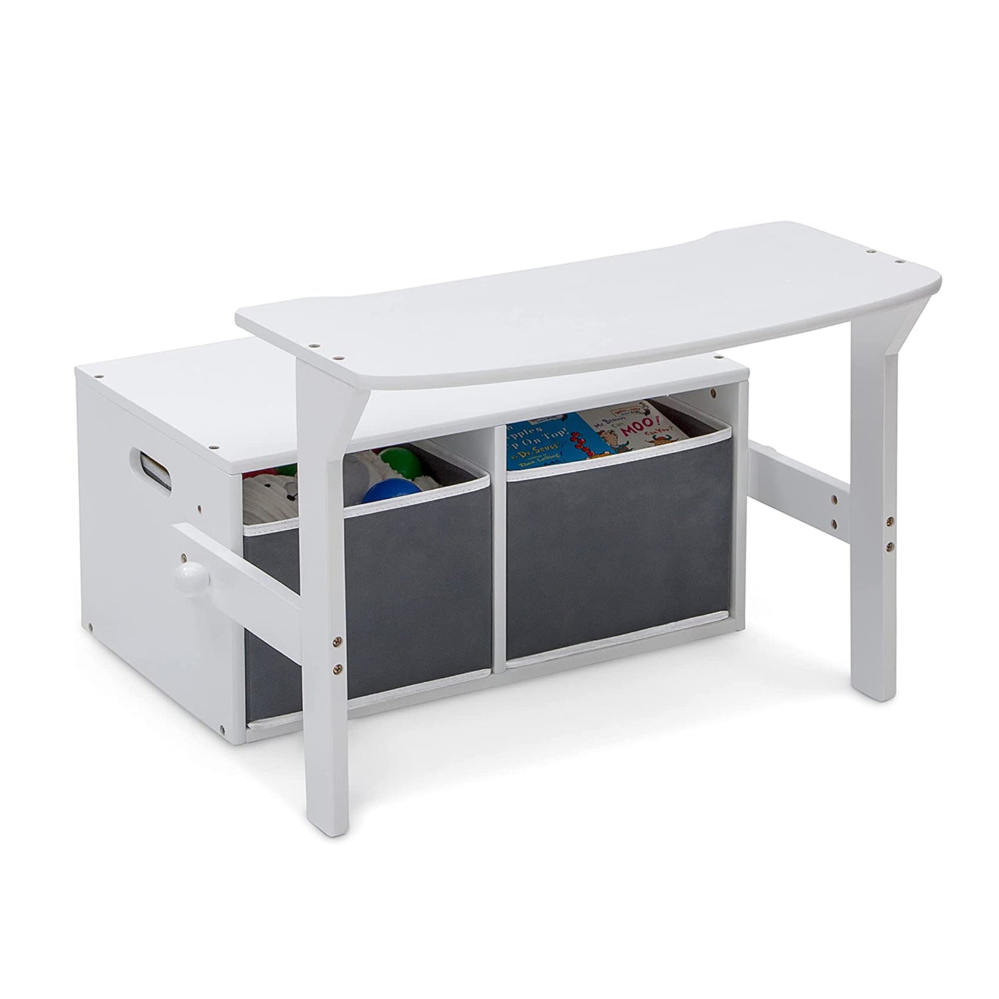 Panca in legno per bambini, scrivania e organizer - 3 in 1 con contenitore - Bianco e grigio