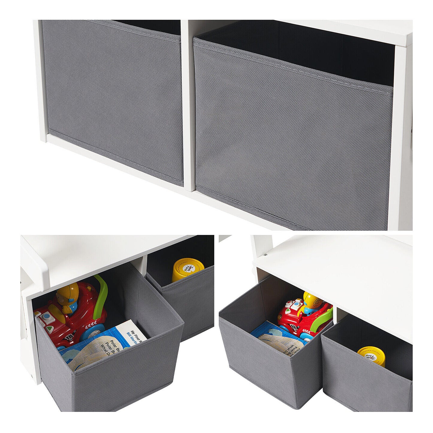 Panca in legno per bambini, scrivania e organizer - 3 in 1 con contenitore - Bianco e grigio