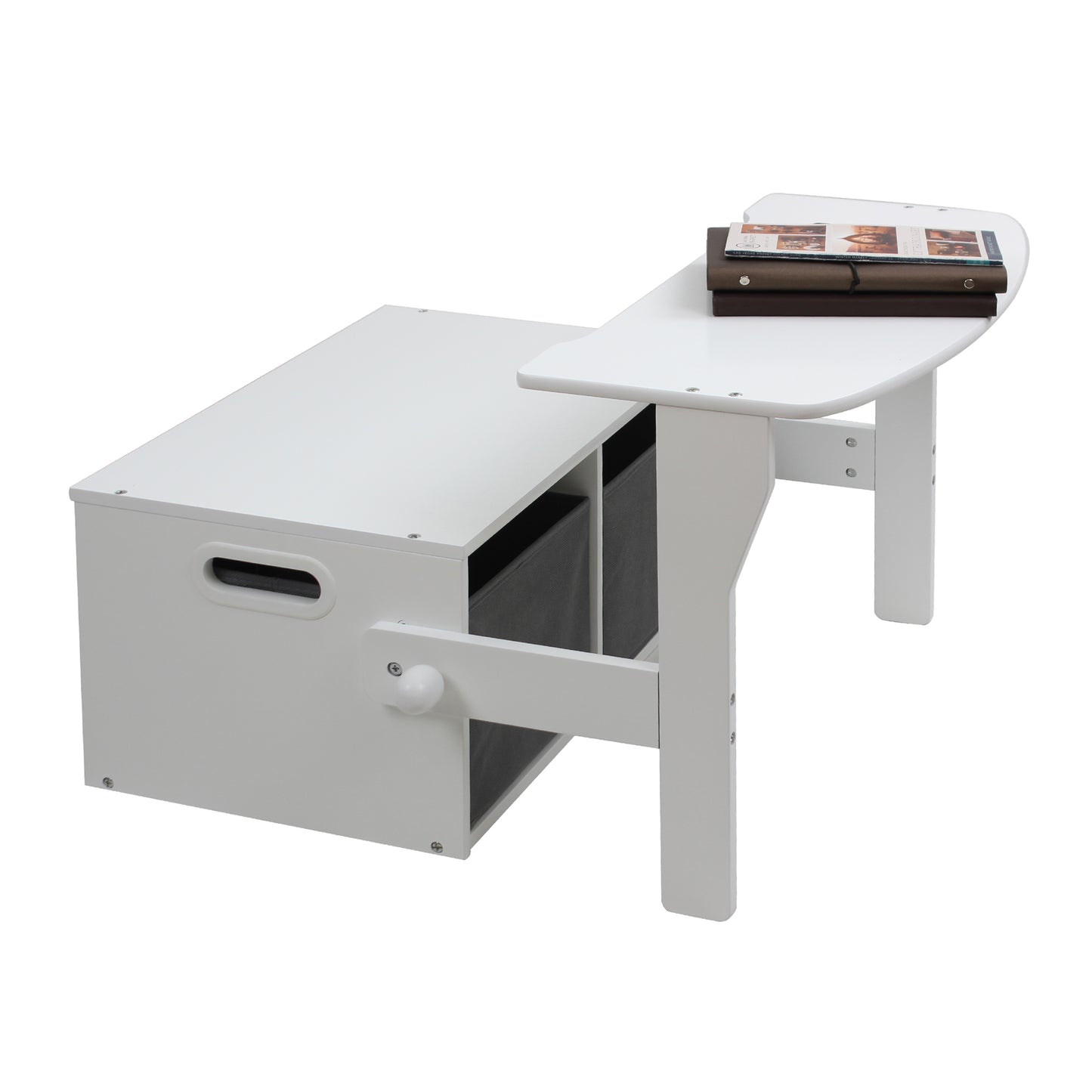 Panca in legno per bambini, scrivania e organizer - 3 in 1 con contenitore - Bianco e grigio