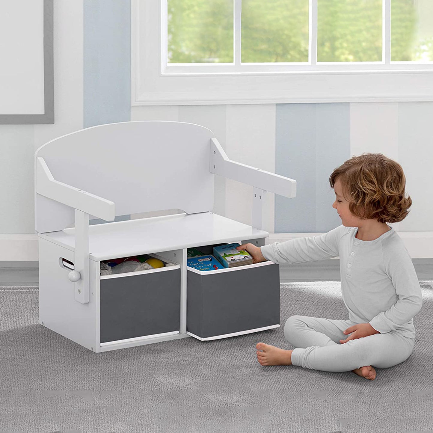 Panca in legno per bambini, scrivania e organizer - 3 in 1 con contenitore - Bianco e grigio