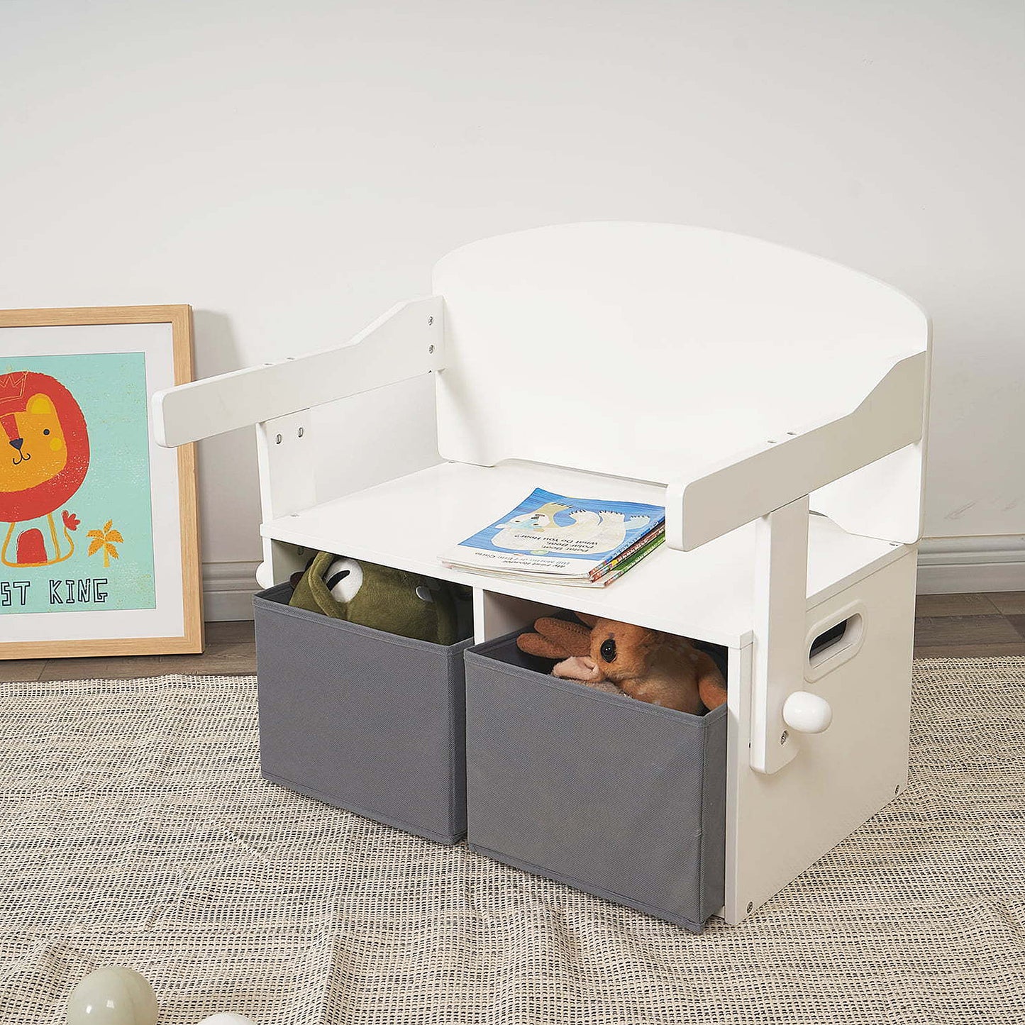 Panca in legno per bambini, scrivania e organizer - 3 in 1 con contenitore - Bianco e grigio