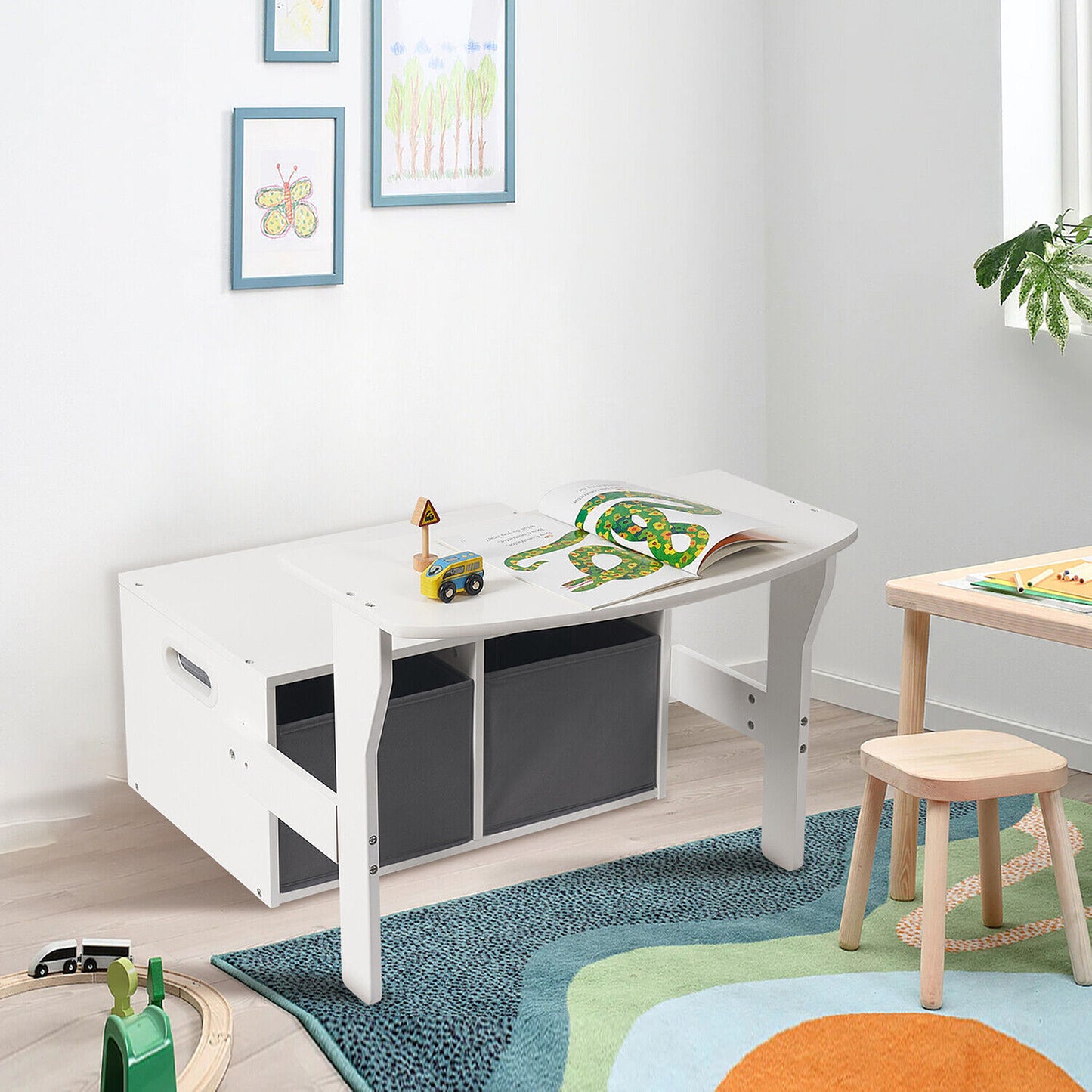 Panca in legno per bambini, scrivania e organizer - 3 in 1 con contenitore - Bianco e grigio
