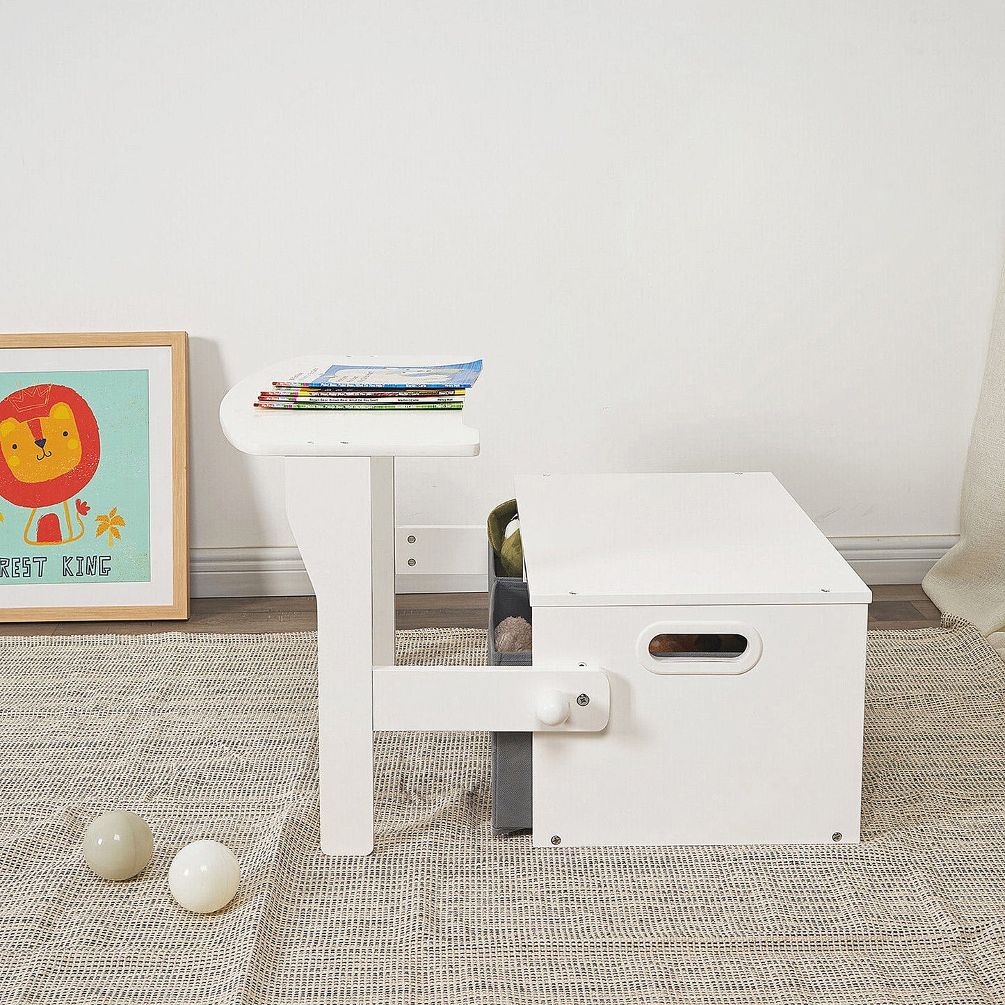 Panca in legno per bambini, scrivania e organizer - 3 in 1 con contenitore - Bianco e grigio