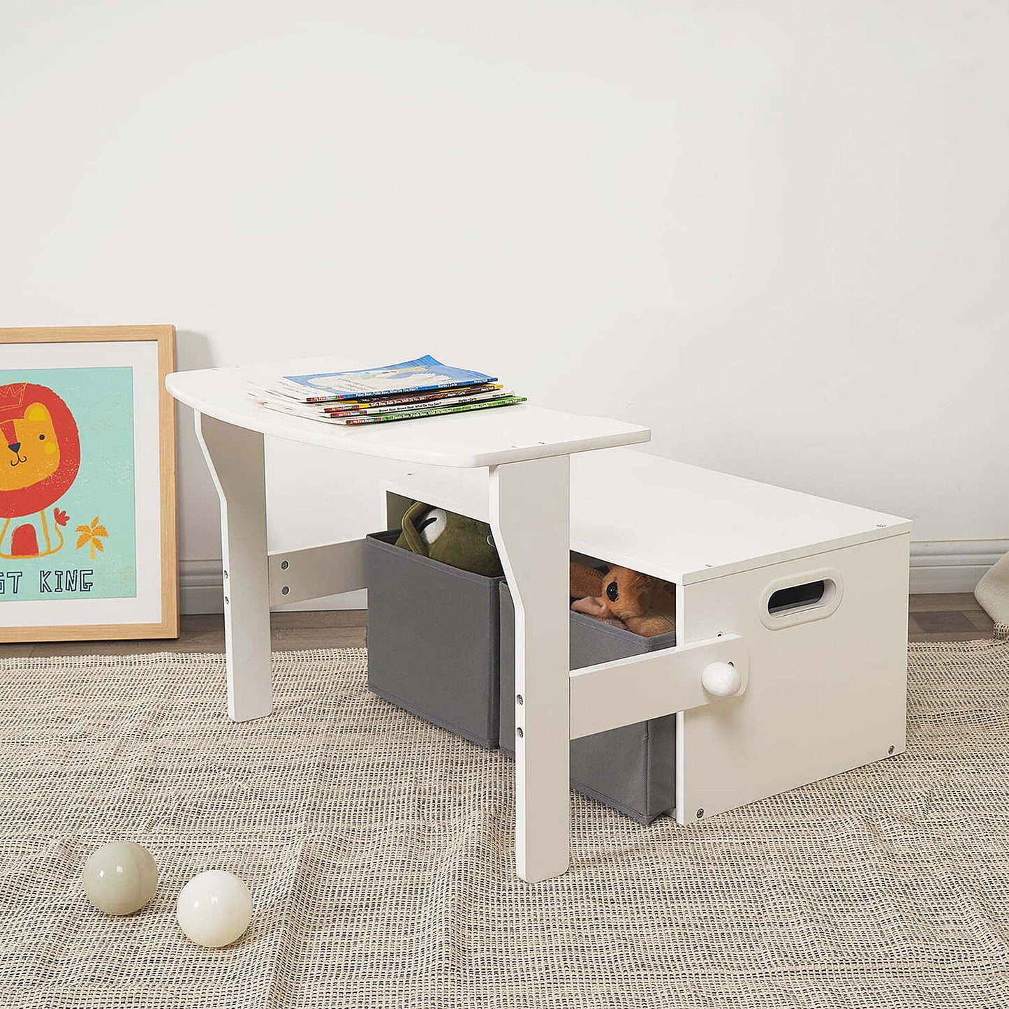 Panca in legno per bambini, scrivania e organizer - 3 in 1 con contenitore - Bianco e grigio