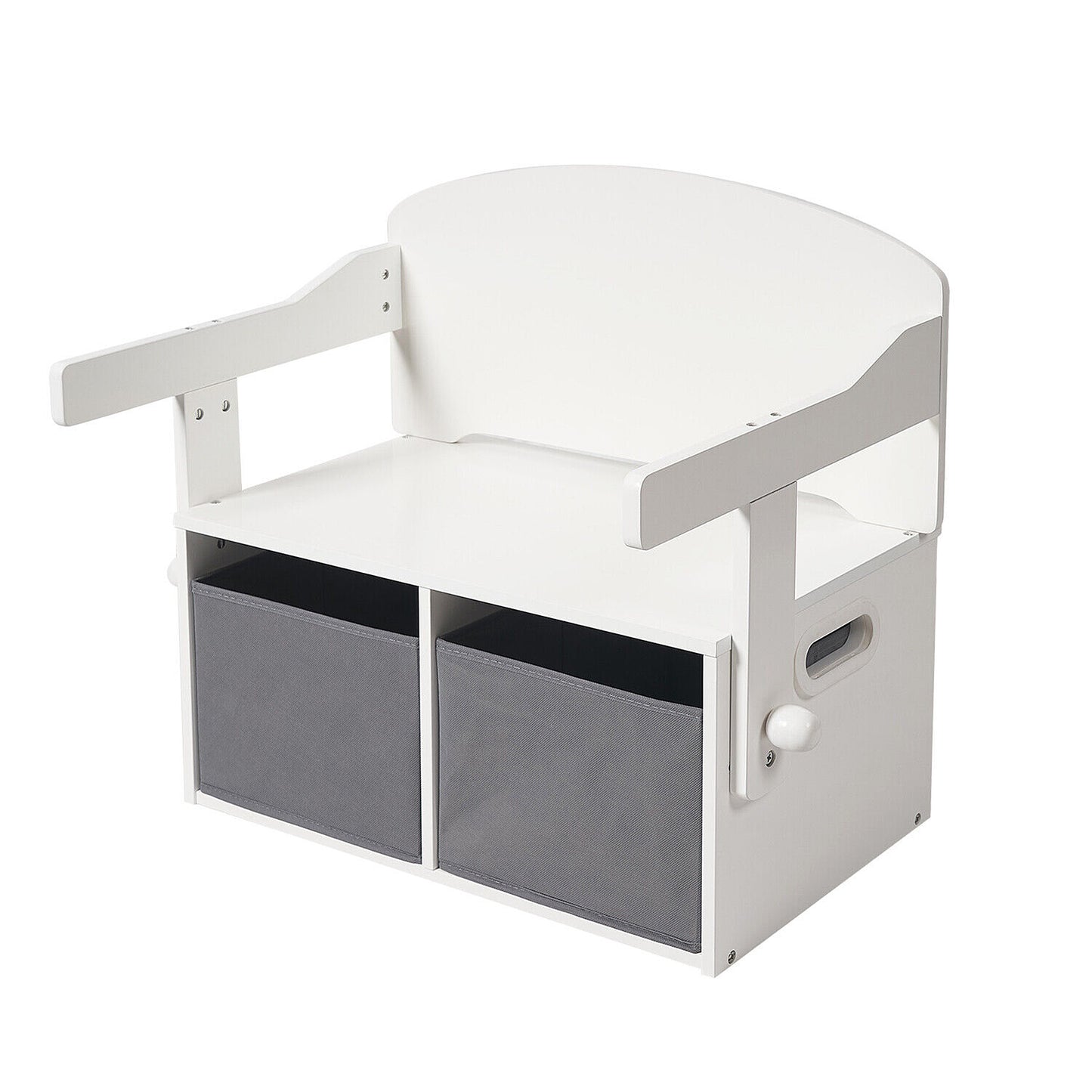Panca in legno per bambini, scrivania e organizer - 3 in 1 con contenitore - Bianco e grigio