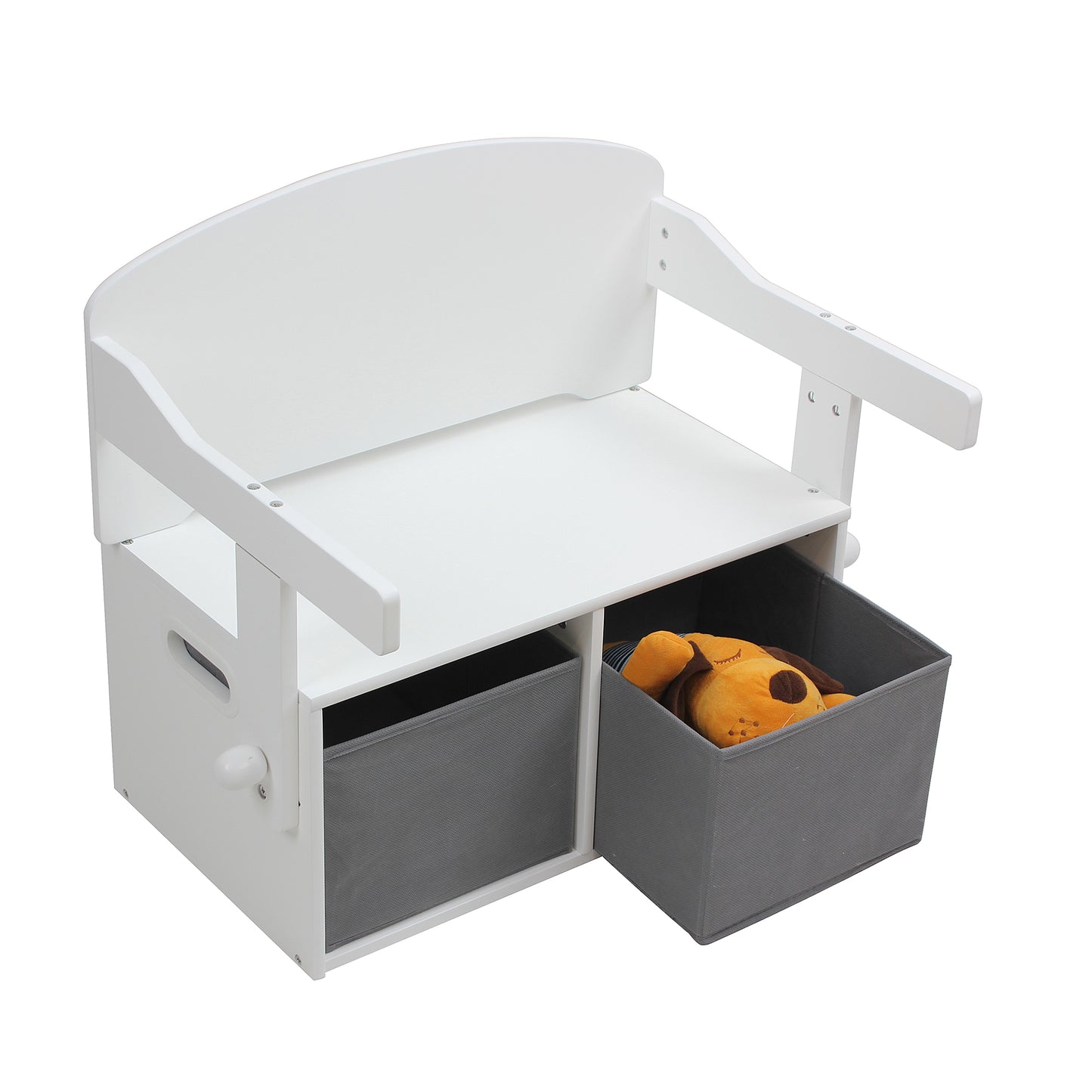 Panca in legno per bambini, scrivania e organizer - 3 in 1 con contenitore - Bianco e grigio