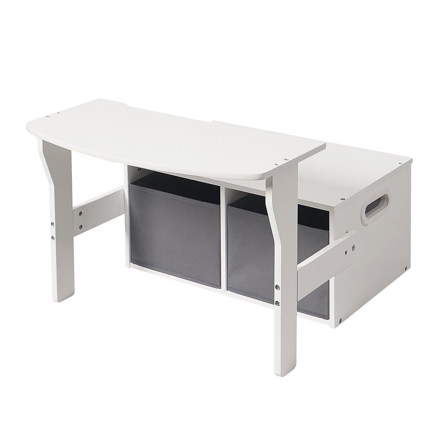 Panca in legno per bambini, scrivania e organizer - 3 in 1 con contenitore - Bianco e grigio