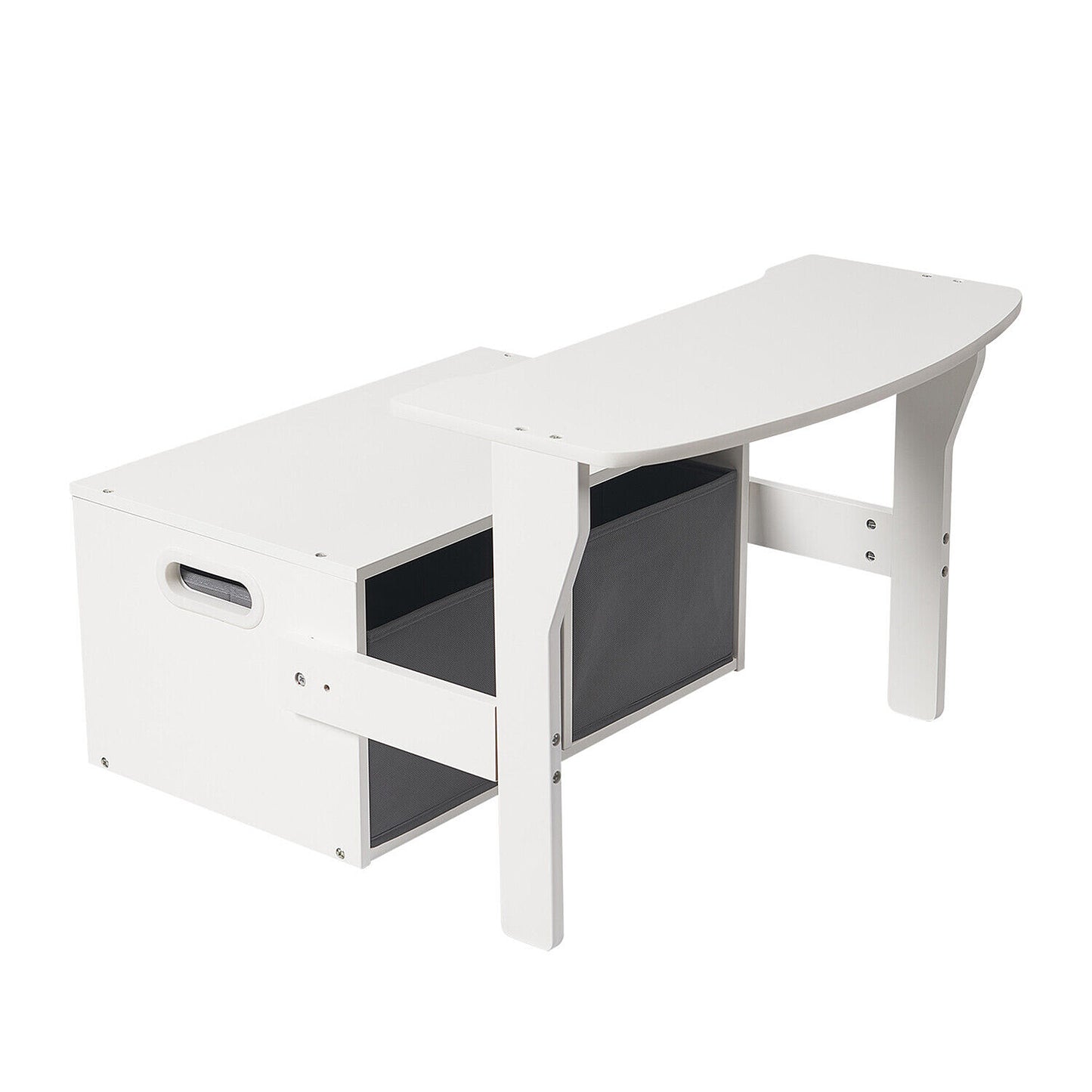 Panca in legno per bambini, scrivania e organizer - 3 in 1 con contenitore - Bianco e grigio