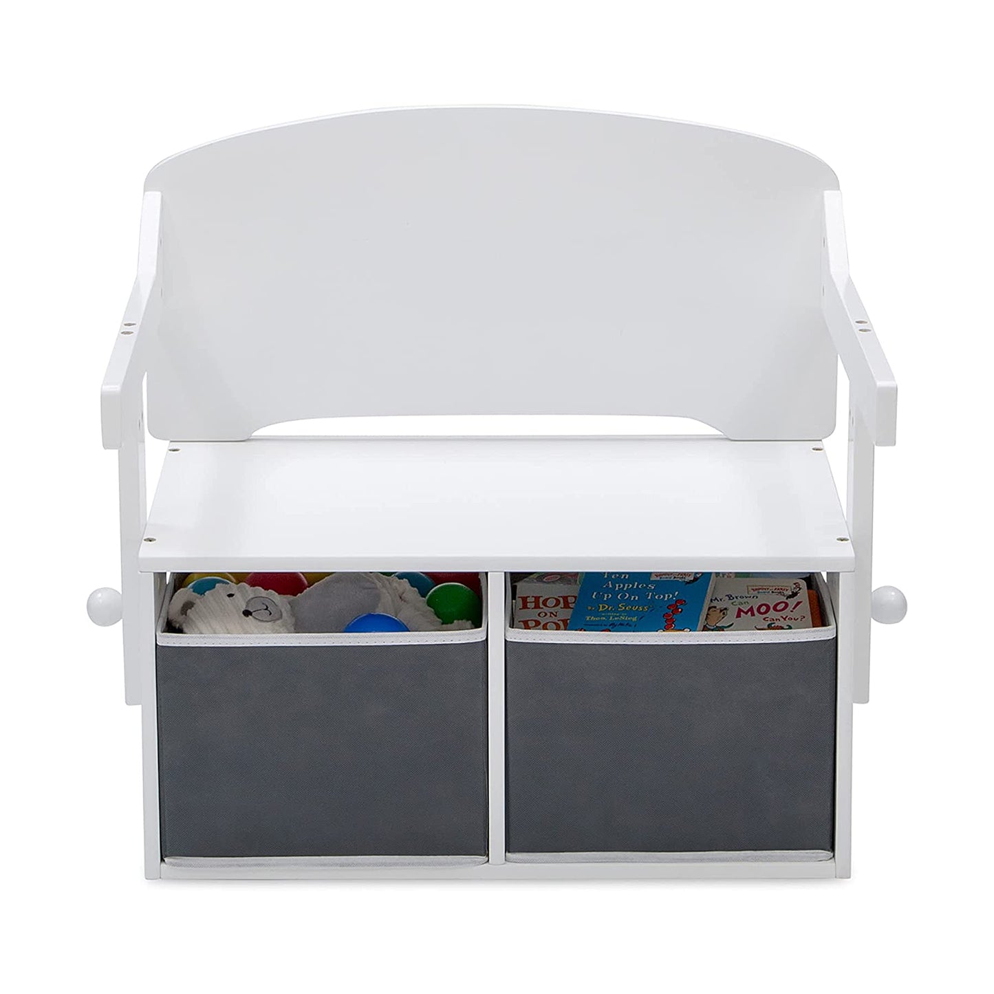 Panca in legno per bambini, scrivania e organizer - 3 in 1 con contenitore - Bianco e grigio