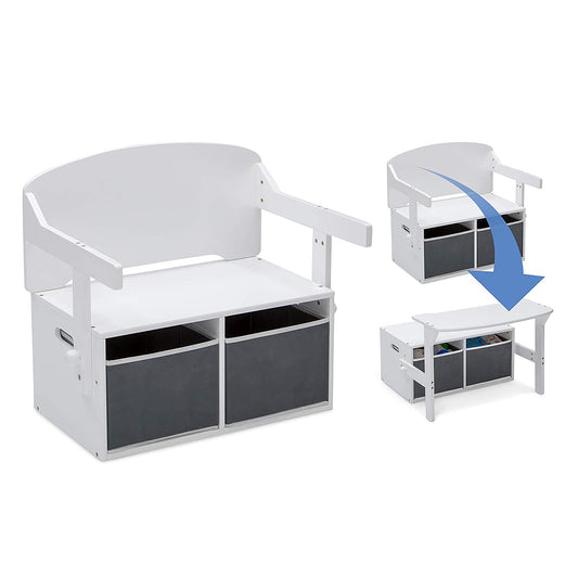 Panca in legno per bambini, scrivania e organizer - 3 in 1 con contenitore - Bianco e grigio