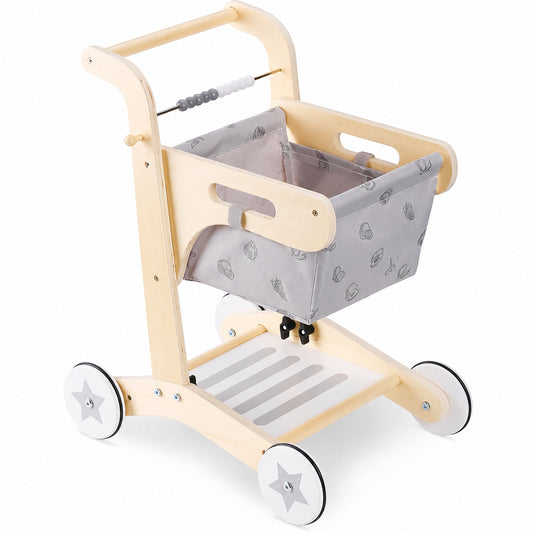 Детска Дървена Проходилка GINGER HOME, Количка за Пазаруване с Кош, Играчка за Бутане, Монтесори, 52 см