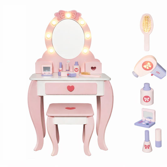 Детска дървена тоалетка с огледало и светлини GINGER HOME в розов цвят