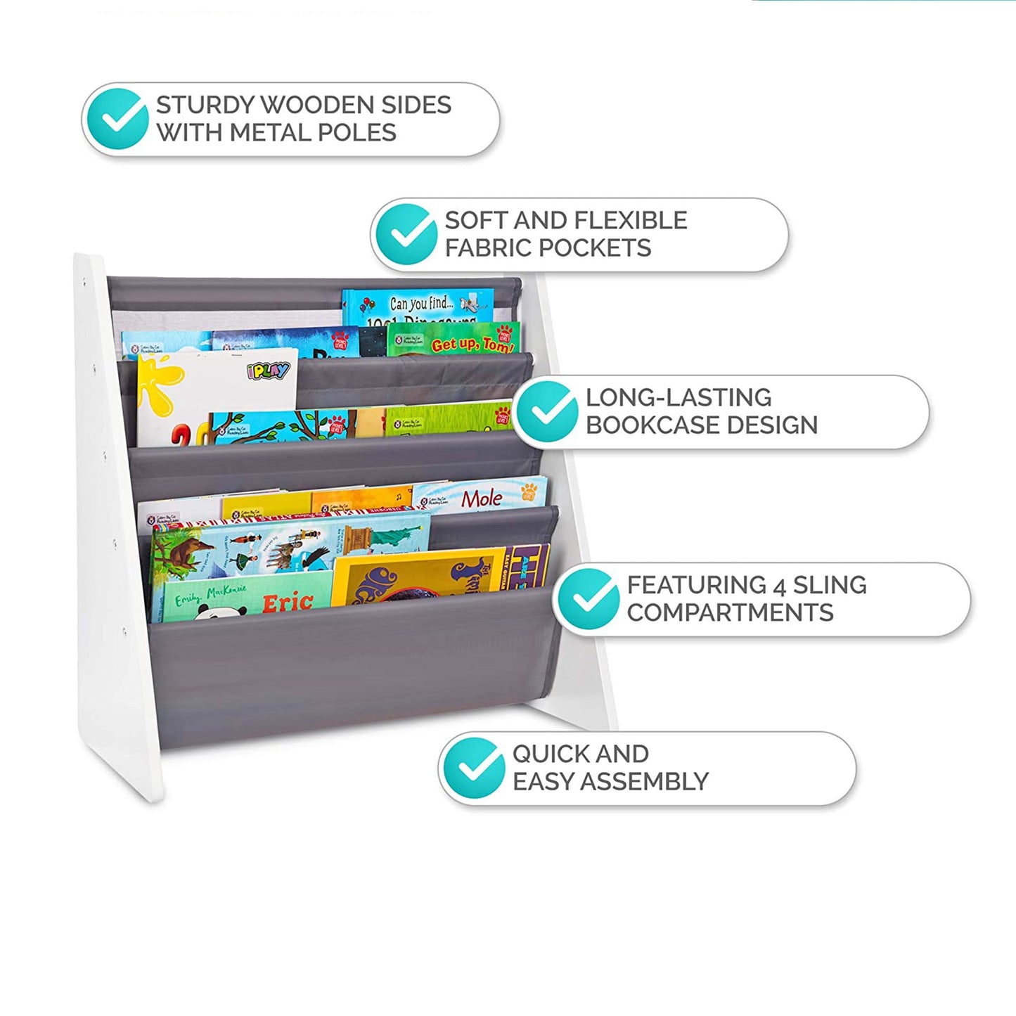 Детска Етажерка за Книги и Играчки, Органайзер за Съхранение, Библиотека - WHITE/GREY