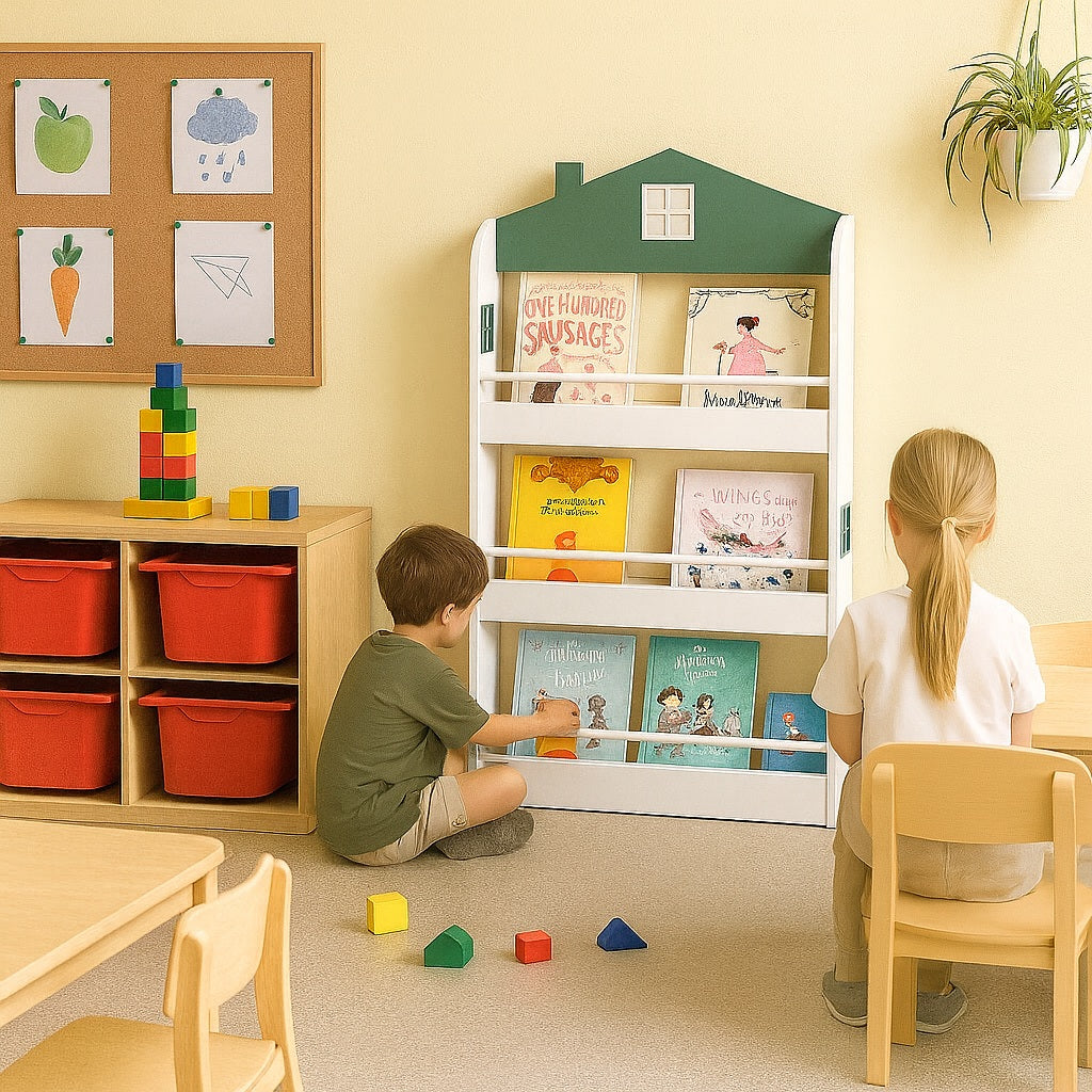 Детска Етажерка за Книги и Играчки GINGER HOME – Къщичка, 3 Рафта, Дърво, 60x12x106 см